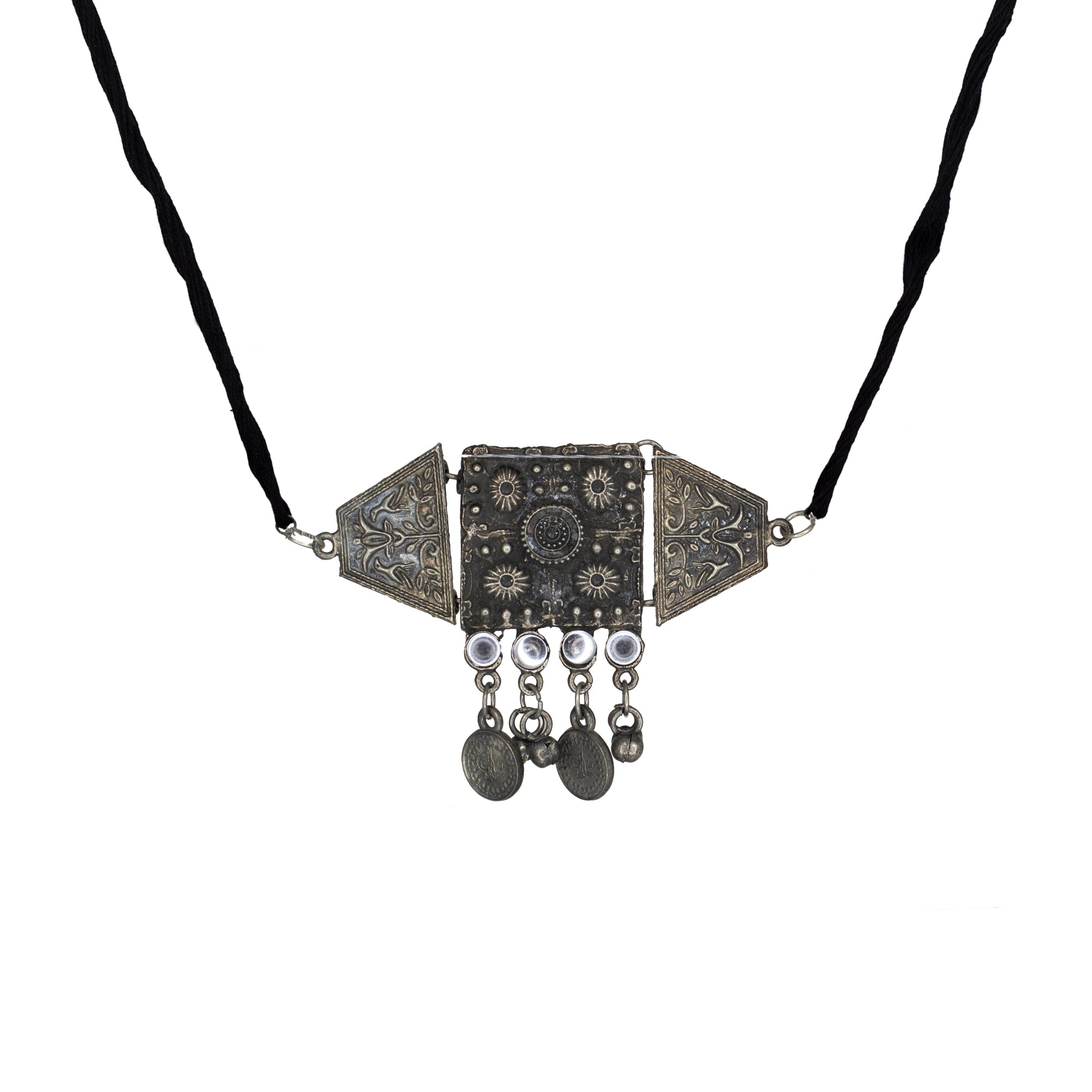 Abhinn Silver Oxidised Temple Design Necklace Set With White CZ Stones For Women
