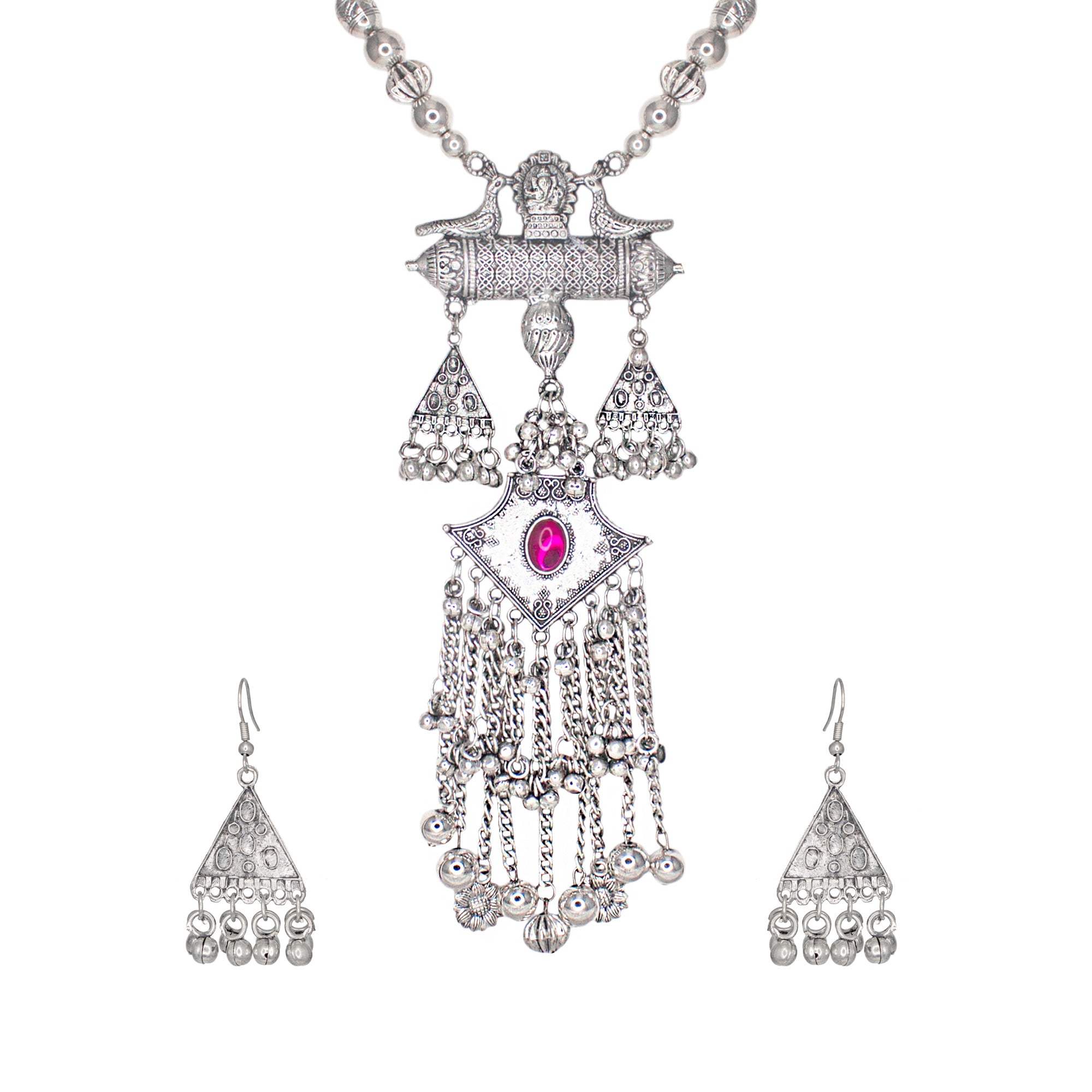 Abhinn Silver Oxidised Ganesh and Peacock Design Pink Pendant Set For Women