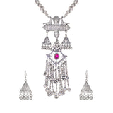 Abhinn Silver Oxidised Ganesh and Peacock Design Pink Pendant Set For Women