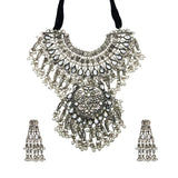 Abhinn Silver Oxidised Floral Necklace Seṭ With White CZ Stones & Pearls