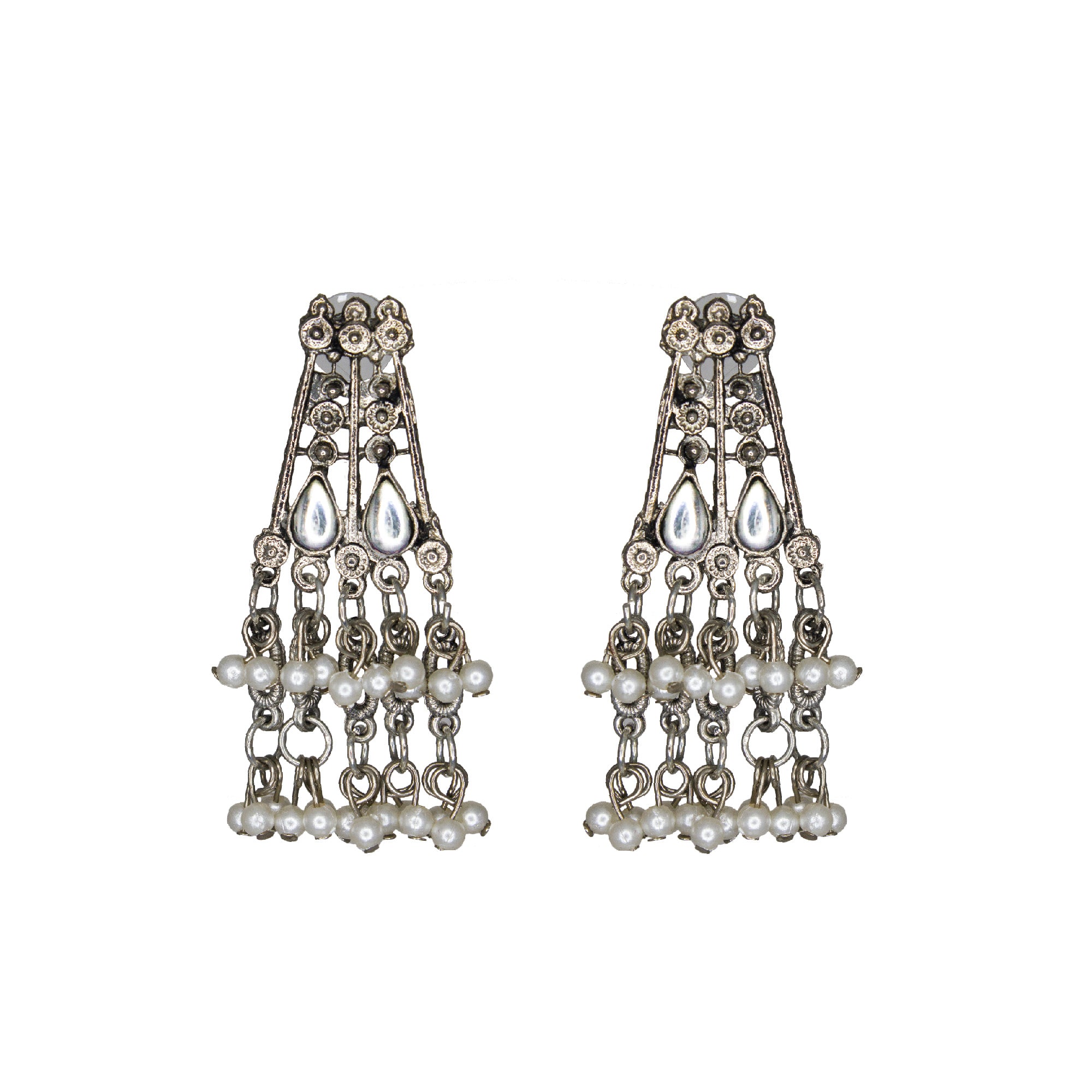 Abhinn Silver Oxidised Floral Necklace Seṭ With White CZ Stones & Pearls
