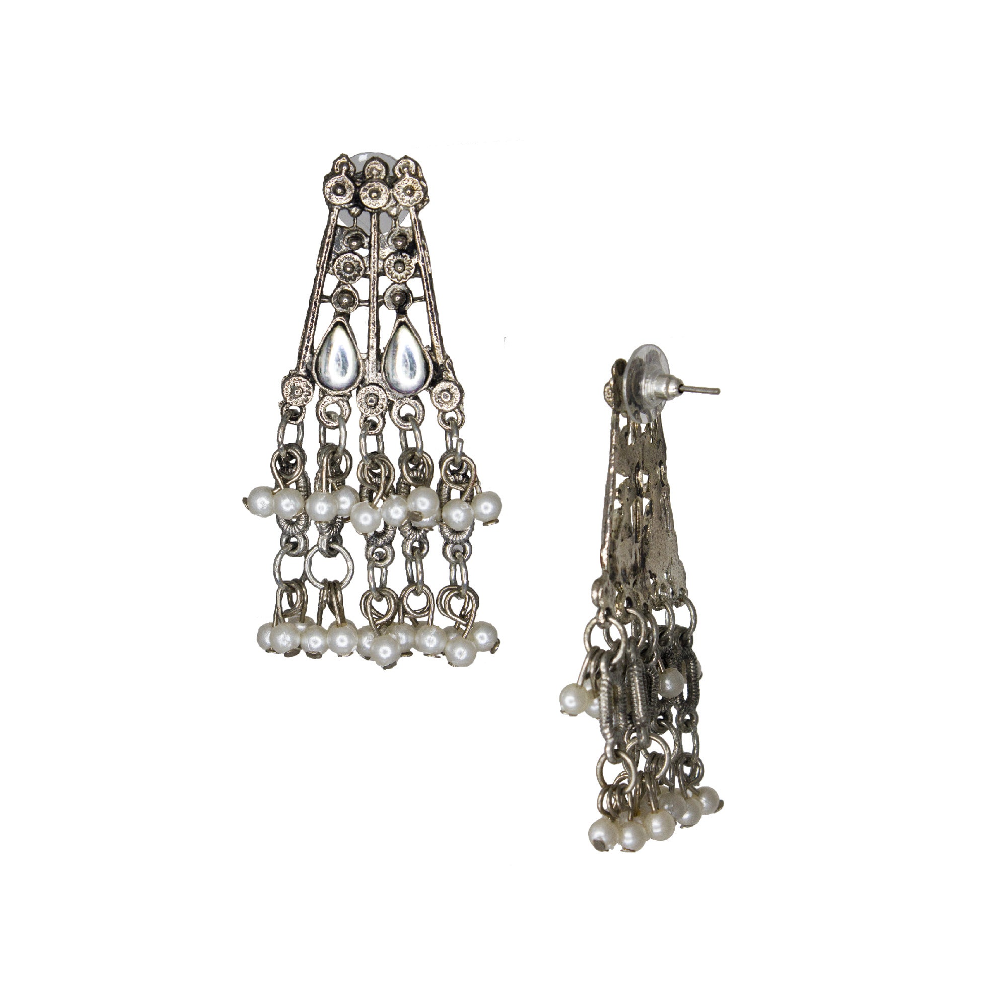 Abhinn Silver Oxidised Floral Necklace Seṭ With White CZ Stones & Pearls