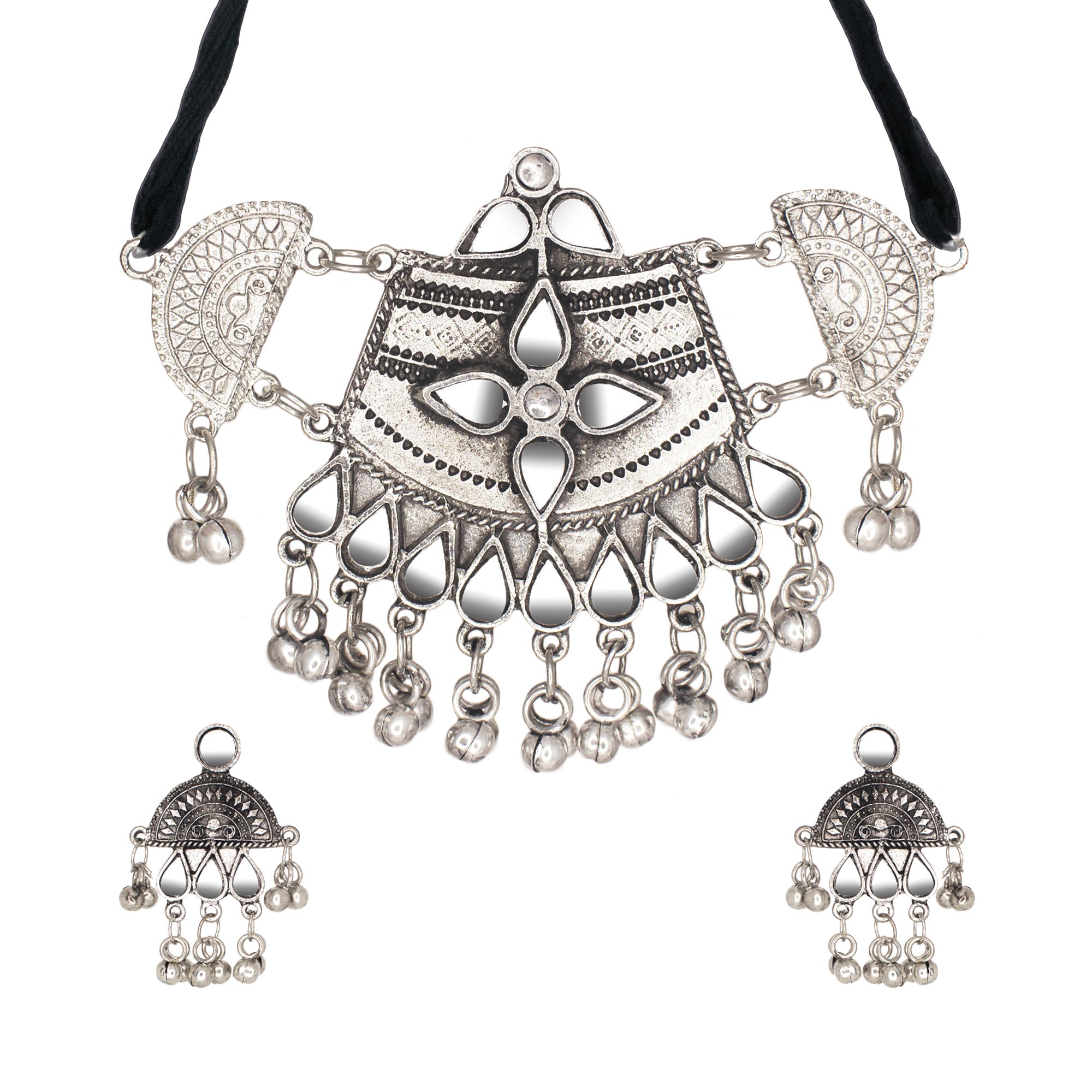 Abhinn Silver Oxidised Temple And Floral Design Mirror Necklace Set For Women