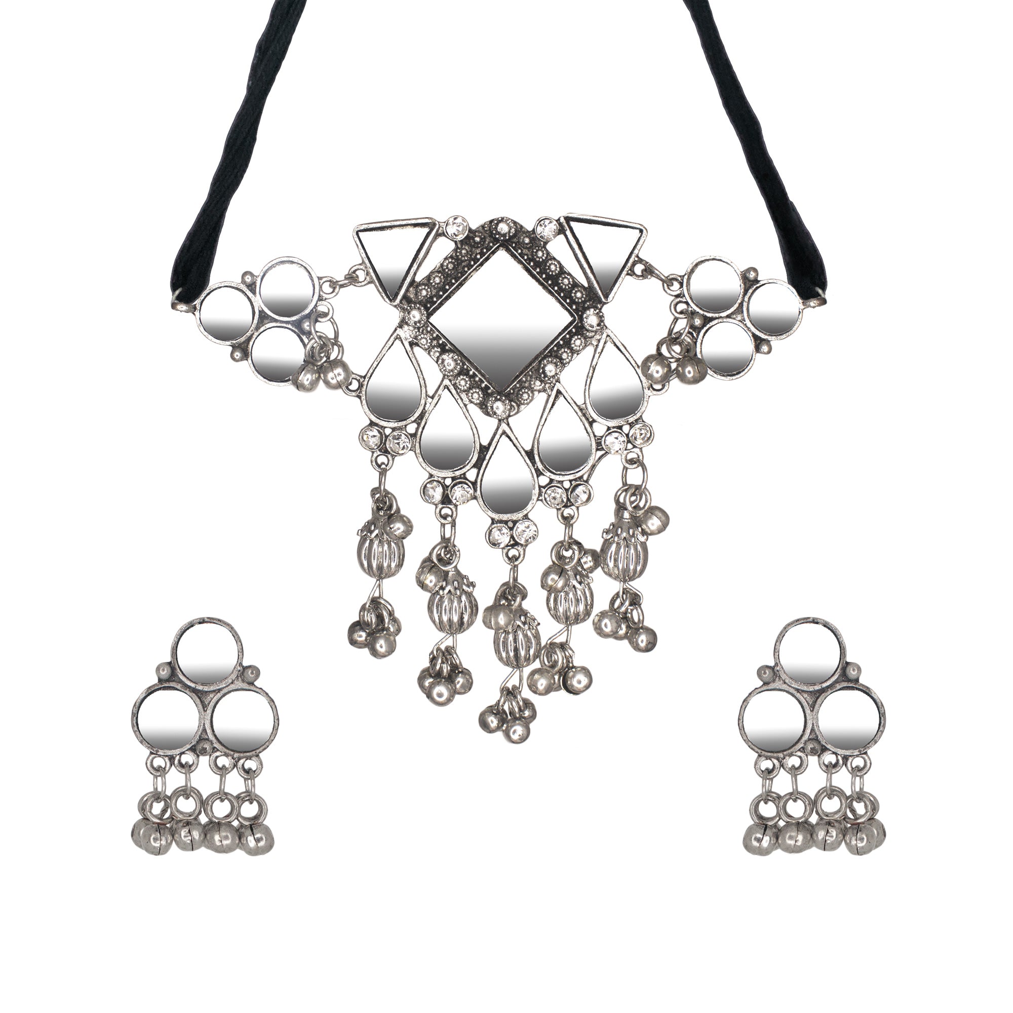Abhinn Silver Oxidised Unique Geometrical Design With Mirror Work Necklace Set For Women
