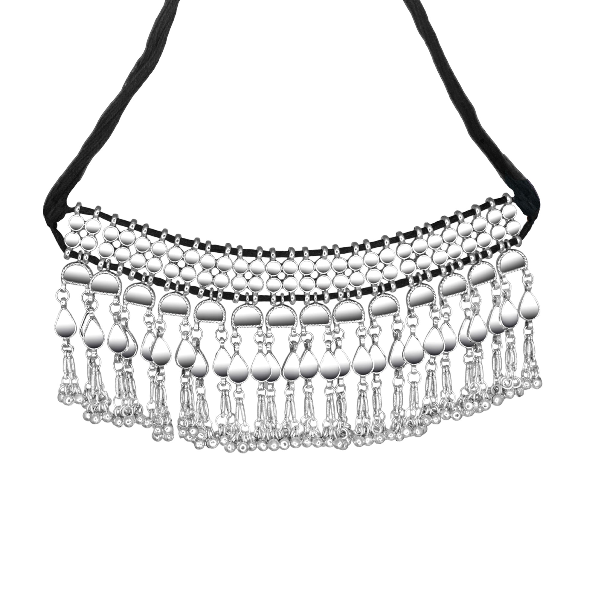 Abhinn Silver Oxidised Tribal Design Mirror Work Necklace Set For Women 