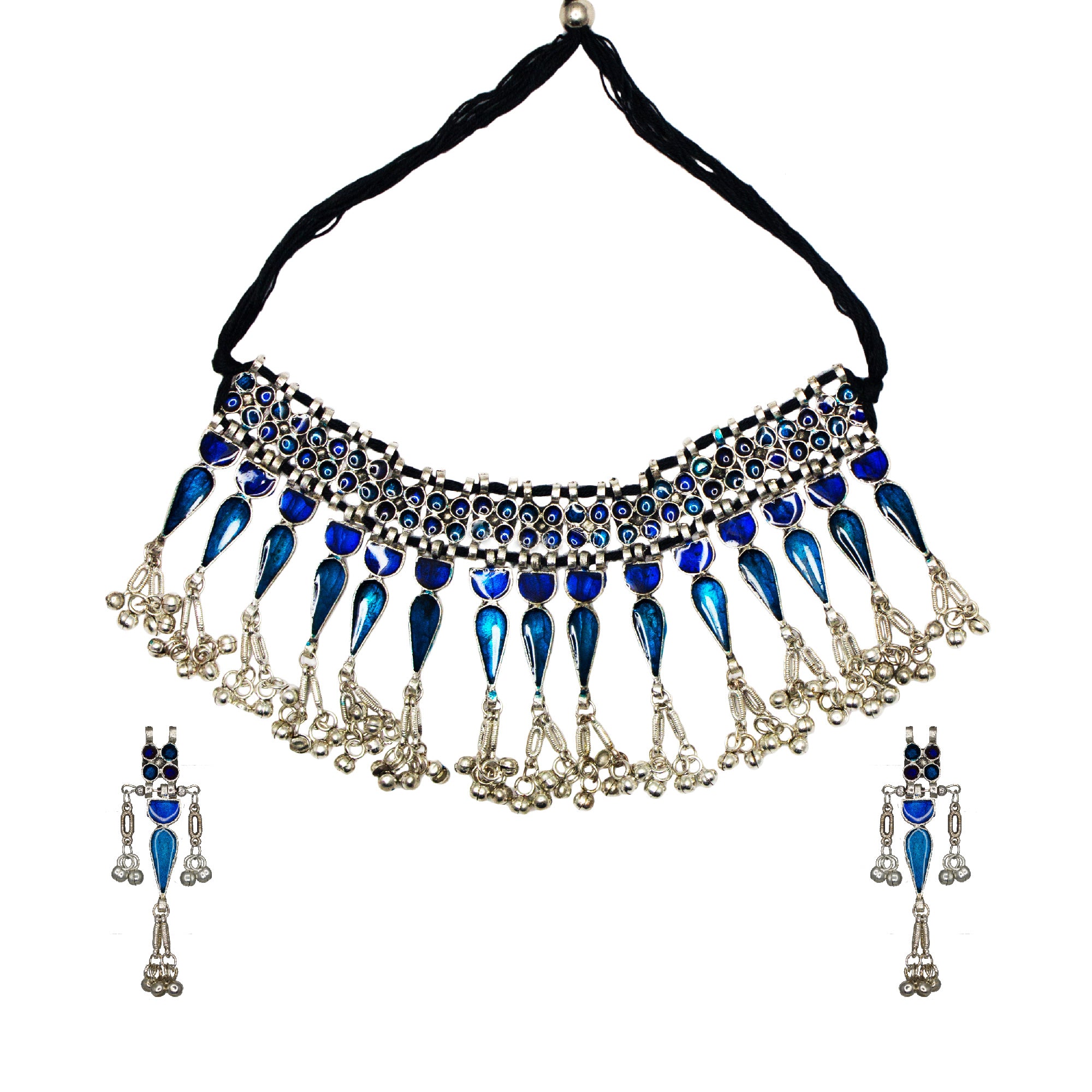 Abhinn Silver Oxidised Blue Meenakari Necklace Set for Women