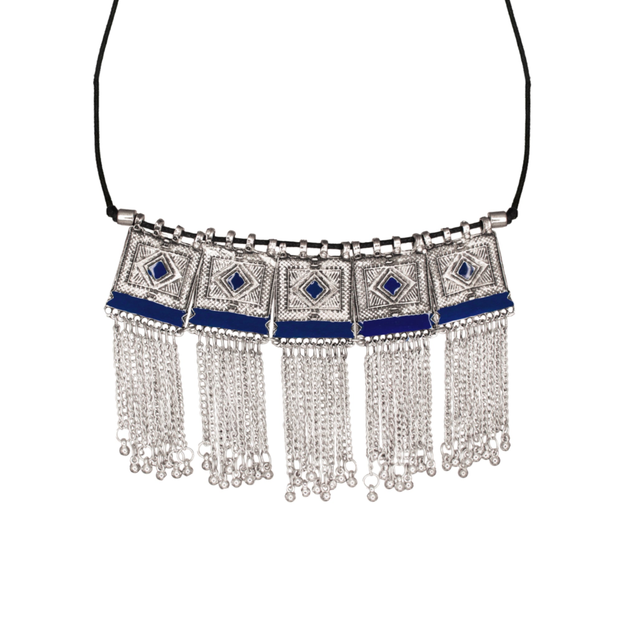 Abhinn Silver Oxidised Blue Temple Design Meenakari Necklace Set For Women