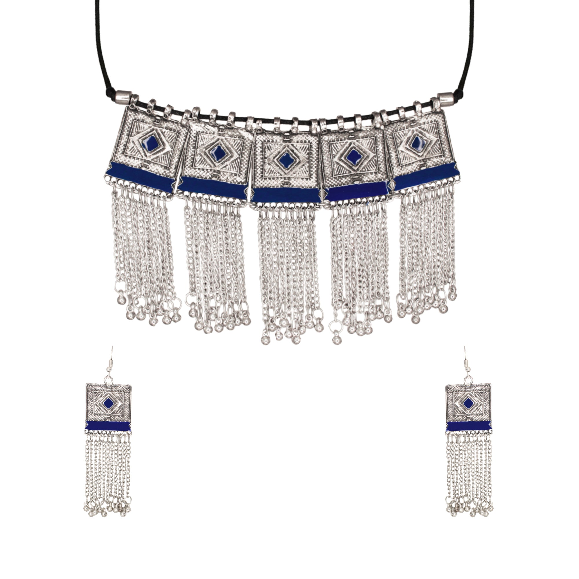 Abhinn Silver Oxidised Blue Temple Design Meenakari Necklace Set For Women