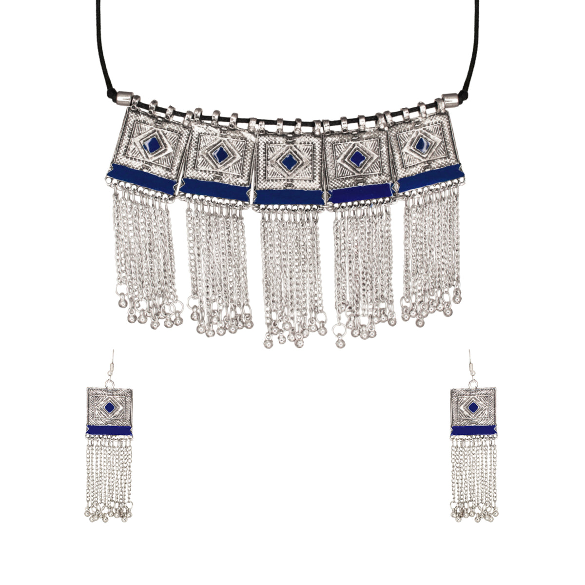 Abhinn Silver Oxidised Blue Temple Design Meenakari Necklace Set For Women