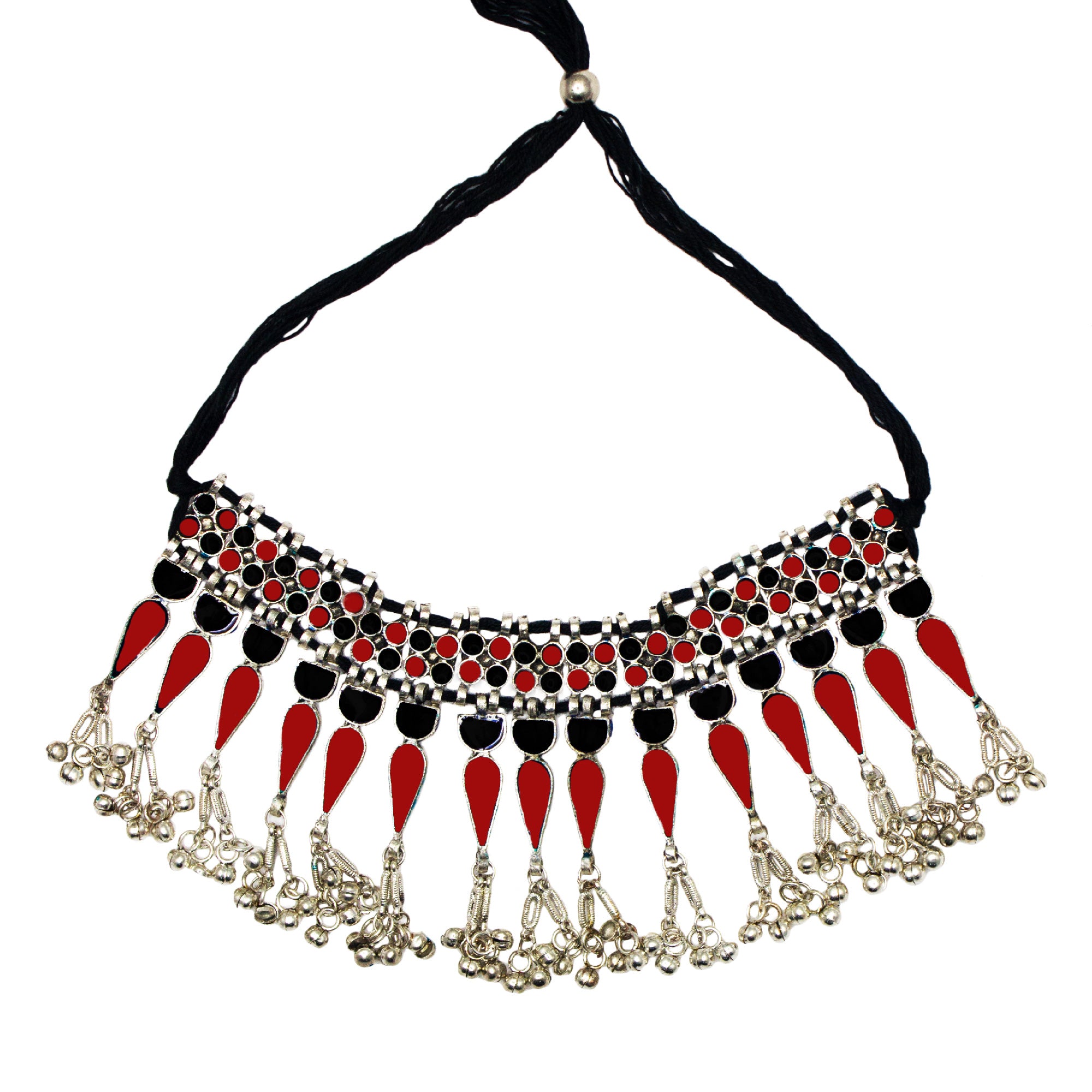 Silver Oxidised Red-Black Meenakari Necklace Set for Women