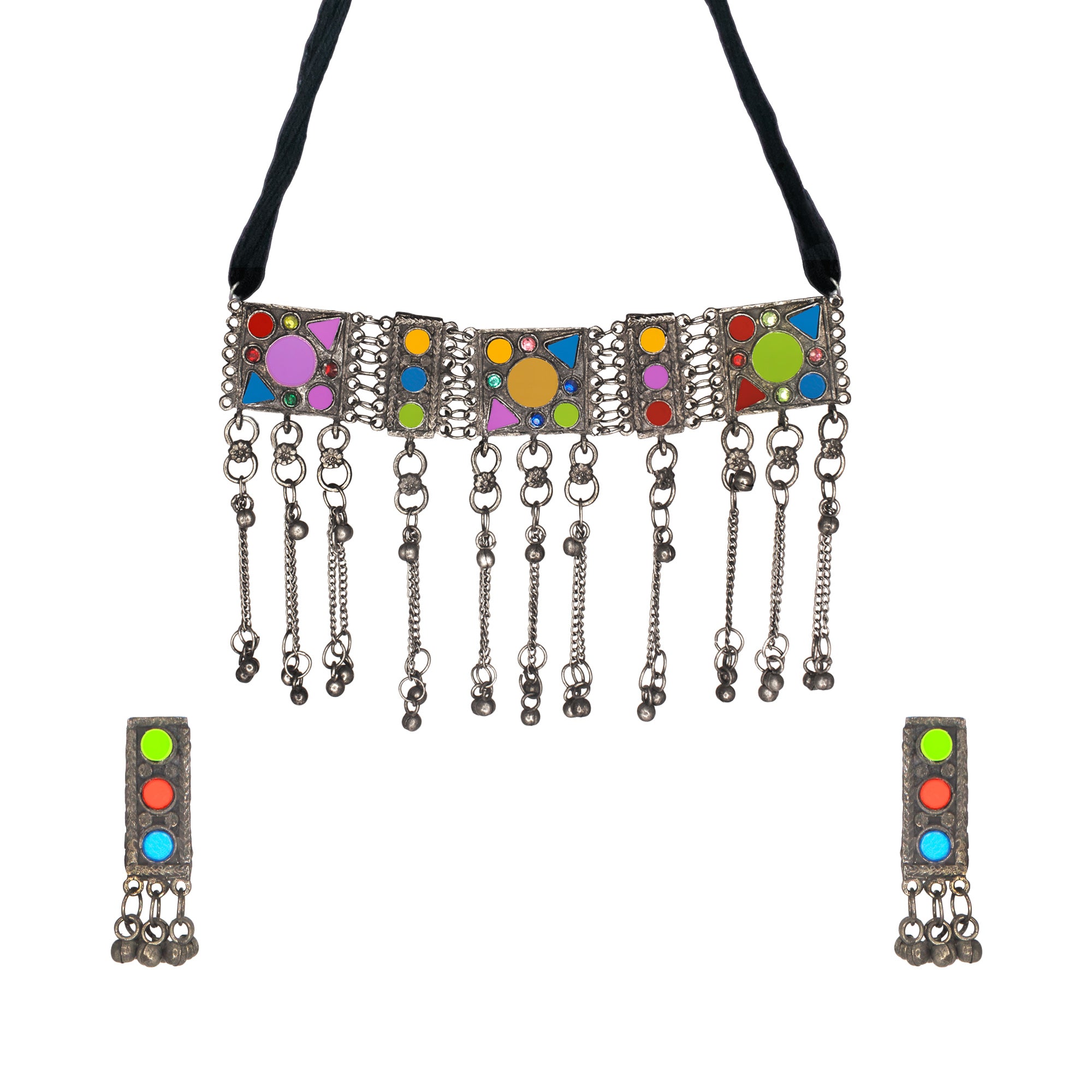 Abhinn Afghani Black Polished Tribal Multi Color Choker Set For Women