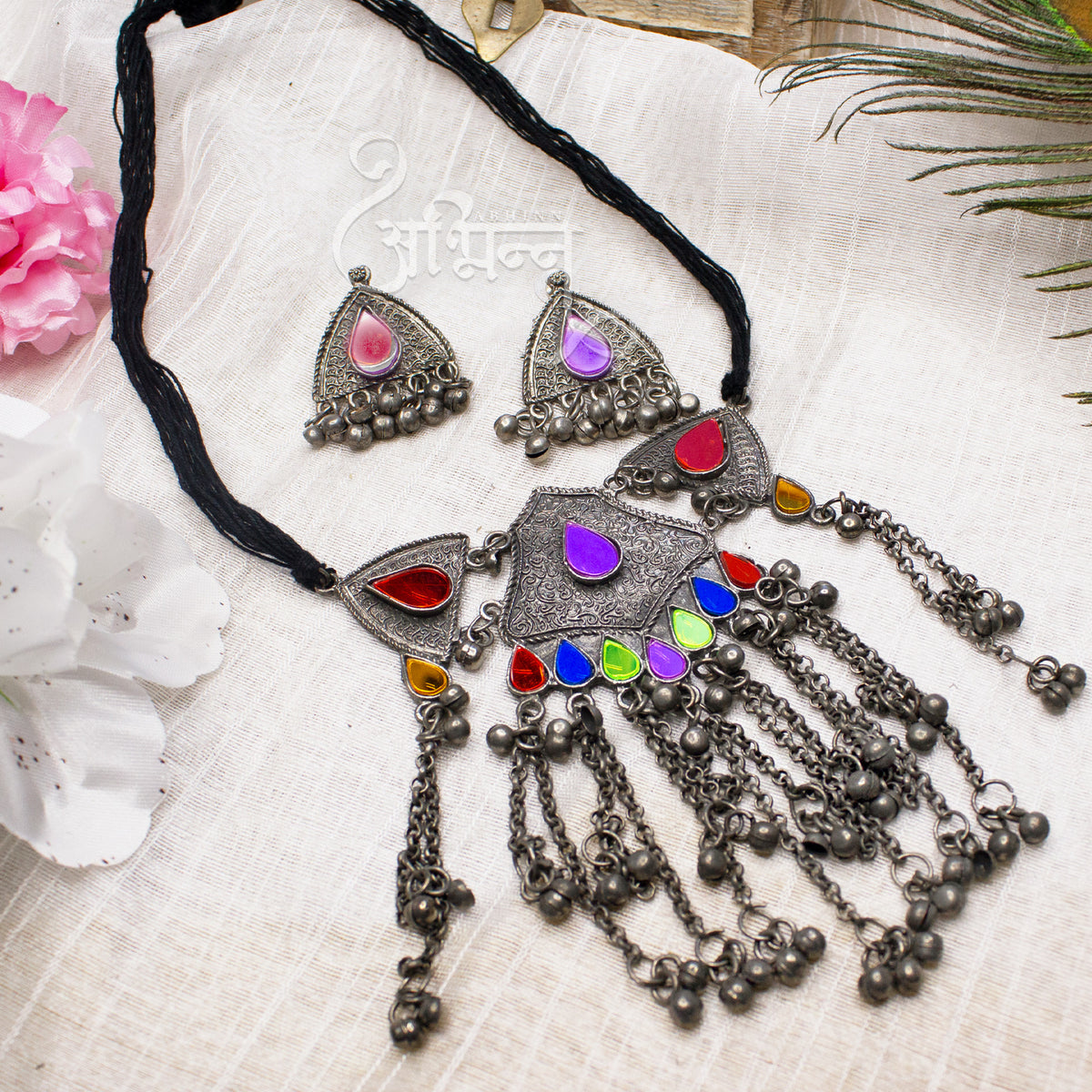 Abhinn Afghani Silver Oxidised Multi Colour Temple Design Necklace Set For Women