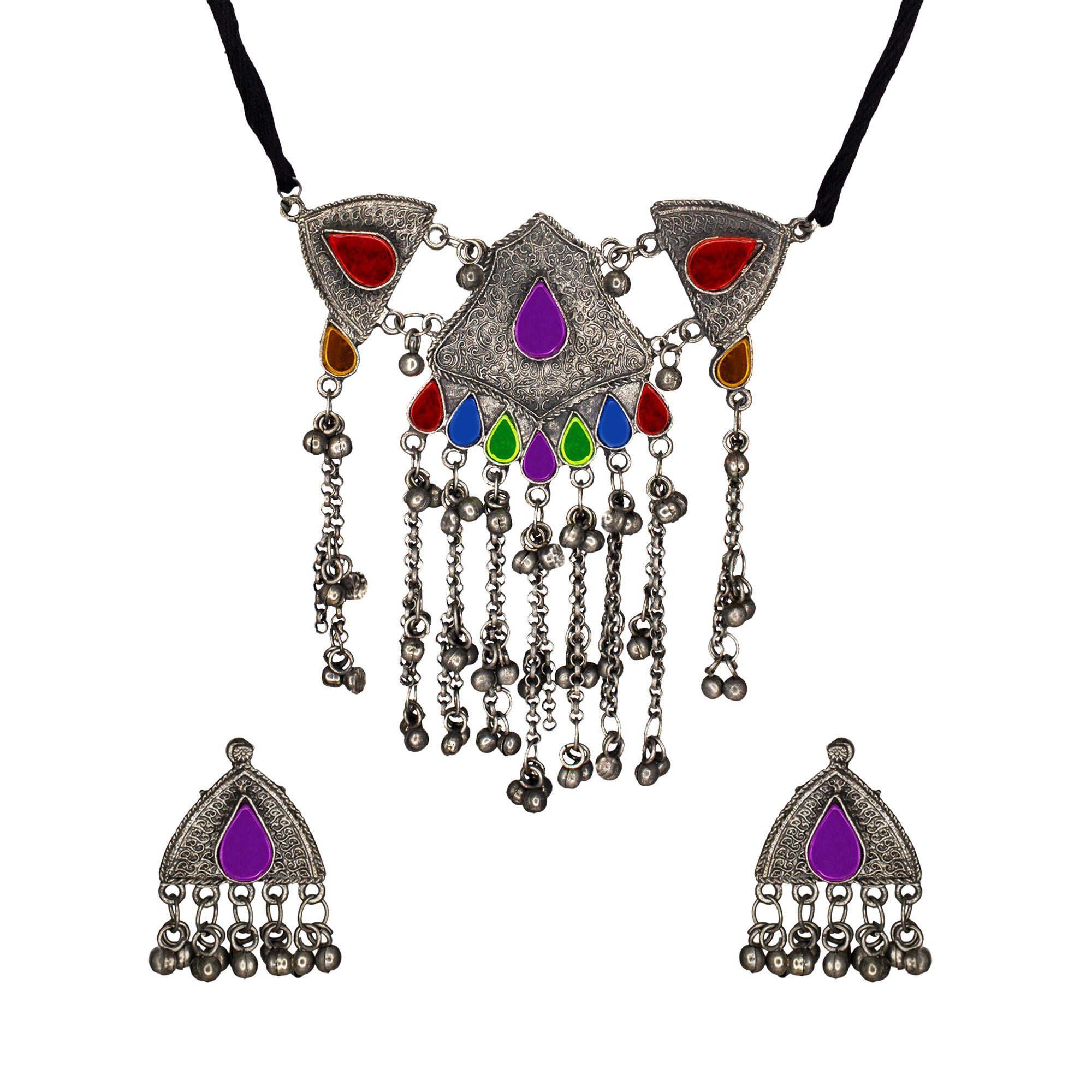 Abhinn Afghani Silver Oxidised Multi Colour Temple Design Necklace Set For Women