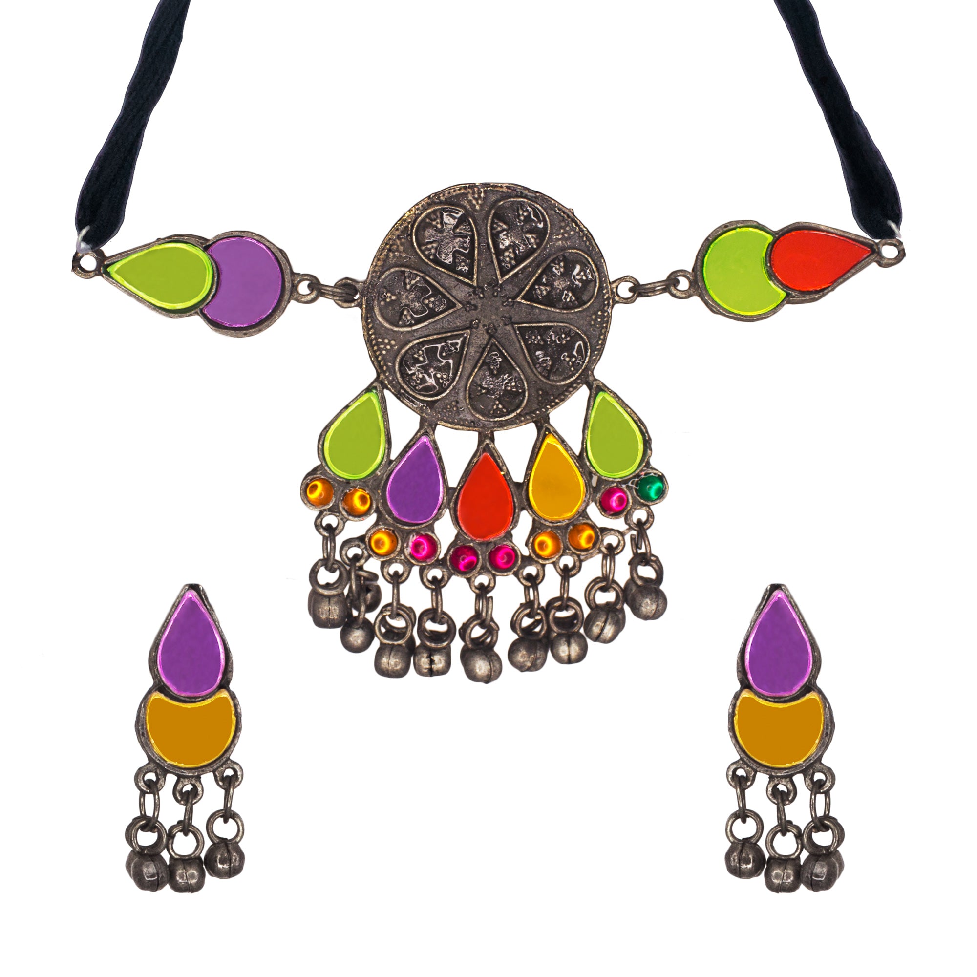 Abhinn Afghani Silver Oxidised Tribal Multi Color Choker Set For Women