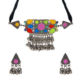 Abhinn Afghani Silver Oxidised Tribal Multi Color Choker Set For Women