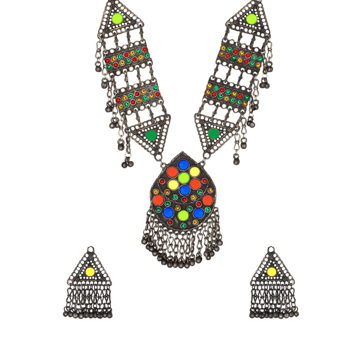 Abhinn Afghani Black Polished Tribal Design Multi Colour Necklace Set For Women