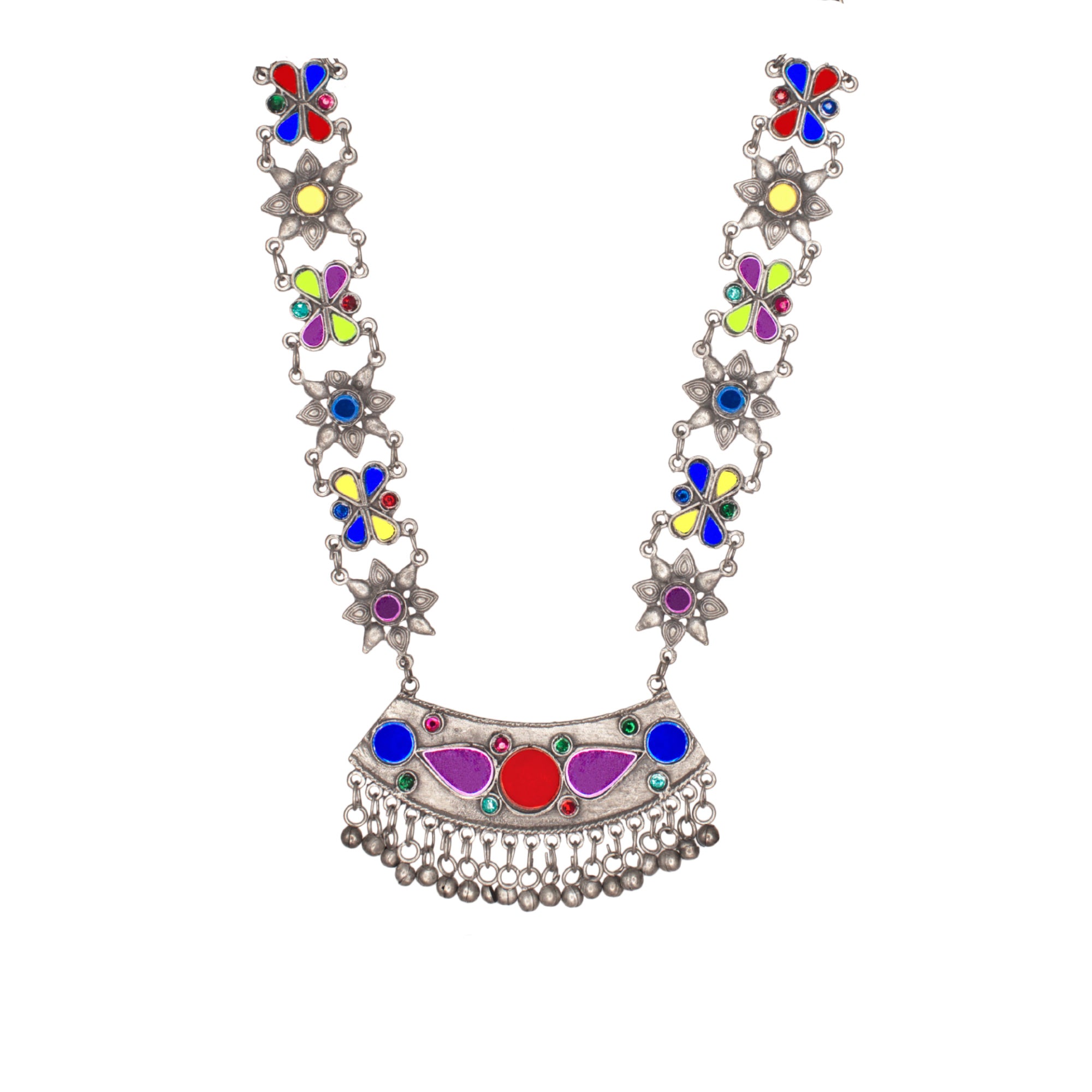 Abhinn Afghani Silver Oxidised Floral Design Multi Colour Pendant Set For Women