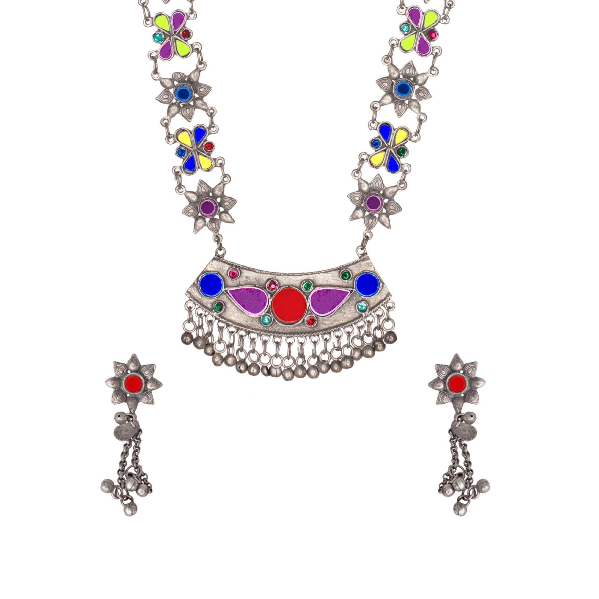 Abhinn Afghani Silver Oxidised Floral Design Multi Colour Pendant Set For Women