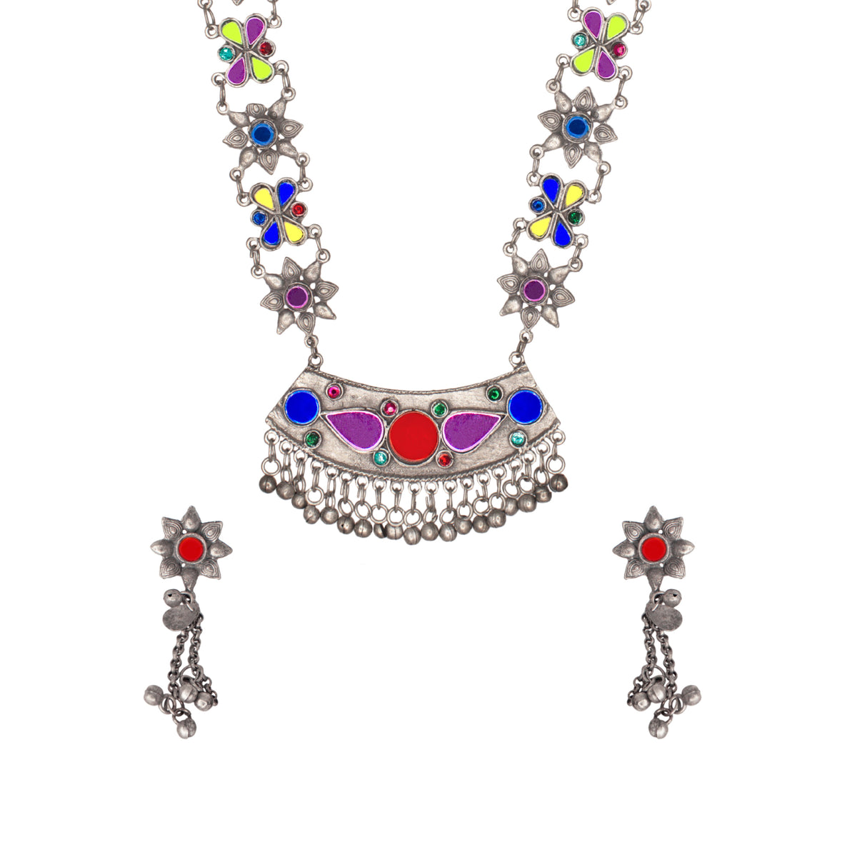 Abhinn Afghani Silver Oxidised Floral Design Multi Colour Pendant Set For Women