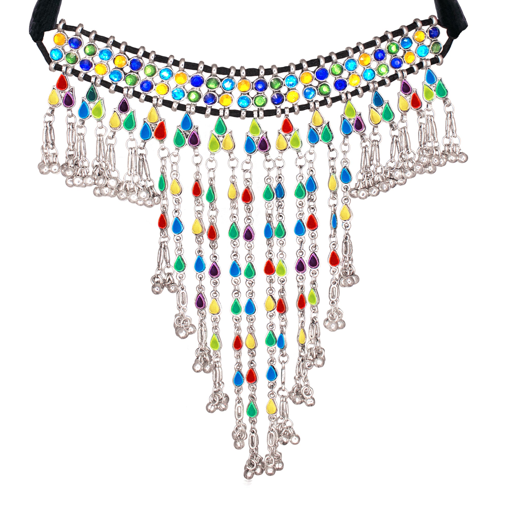 Abhinn Silver Oxidised Tribal Design Multi Colour Necklace Set For Women