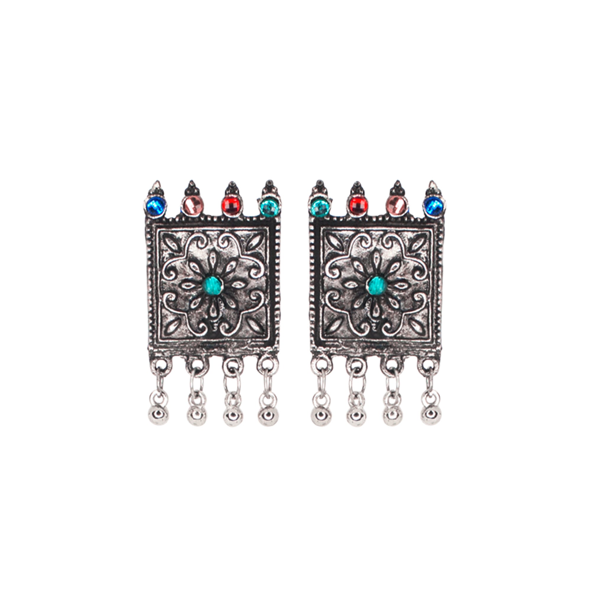 Abhinn Silver Oxidised Floral Design Multi Colour Necklace Set For Women