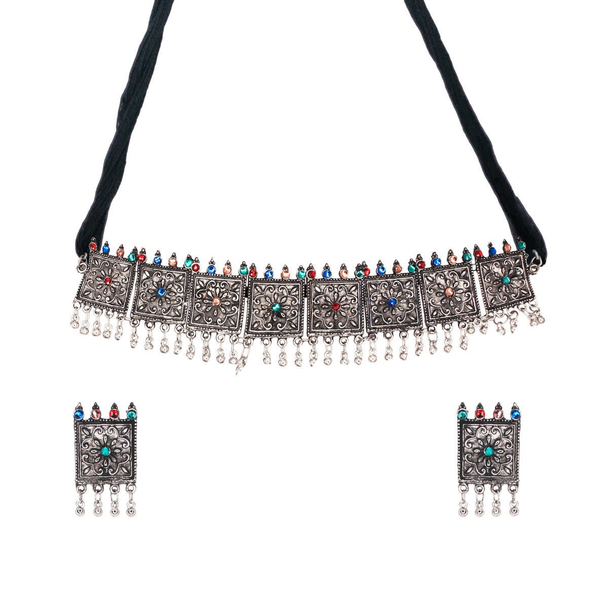 Abhinn Silver Oxidised Floral Design Multi Colour Necklace Set For Women 