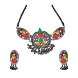 Abhinn Silver Oxidised Afghani Tribal Design Necklace Set Studded With Multi Colour Mirror For Women