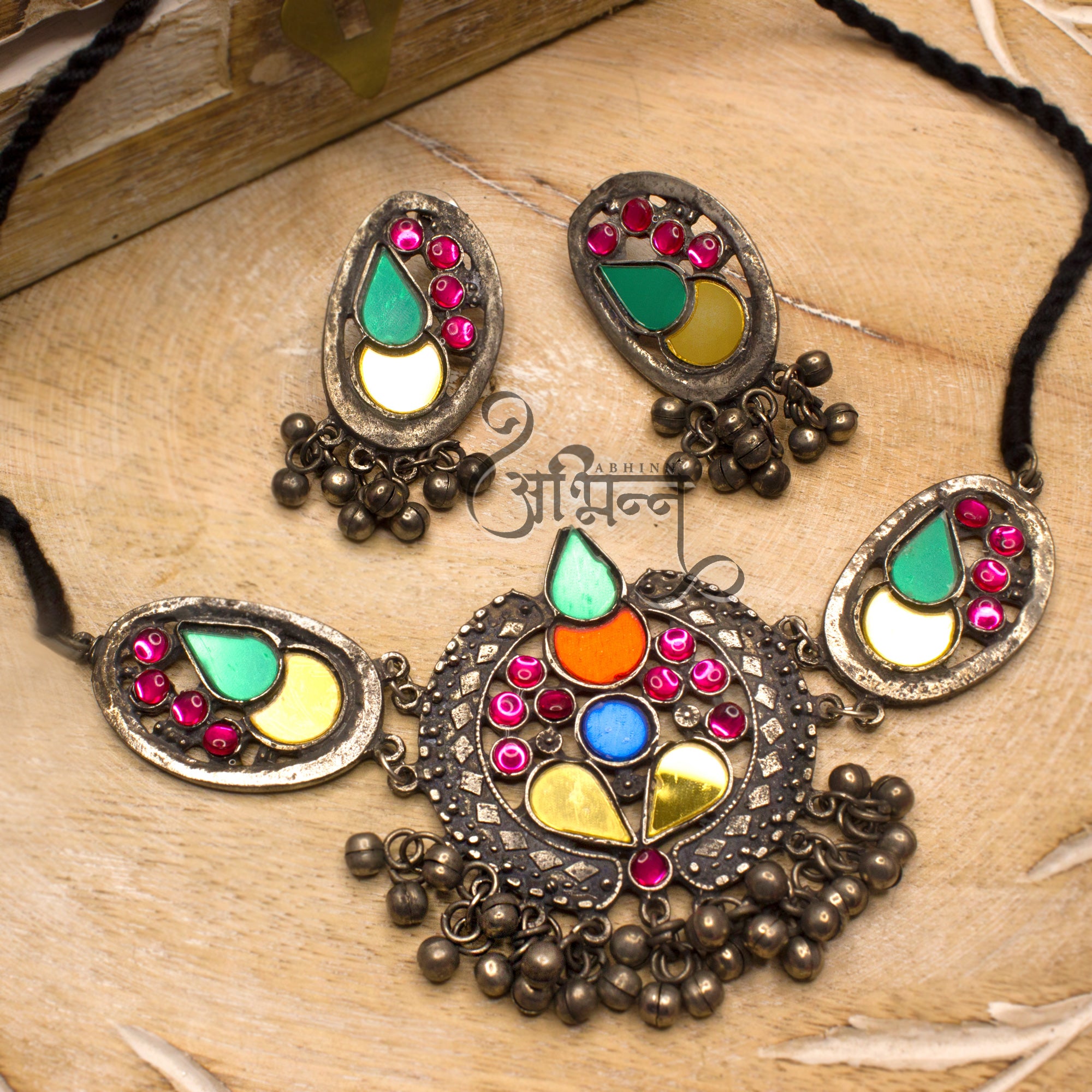 Abhinn Silver Oxidised Afghani Tribal Design Necklace Set Studded With Multi Colour Mirror For Women