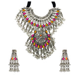 Abhinn Silver Oxidised Floral Necklace Seṭ With Pink Orange CZ Stones & Pearls