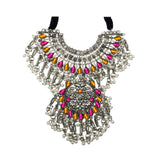 Abhinn Silver Oxidised Floral Necklace Seṭ With Pink Orange CZ Stones & Pearls