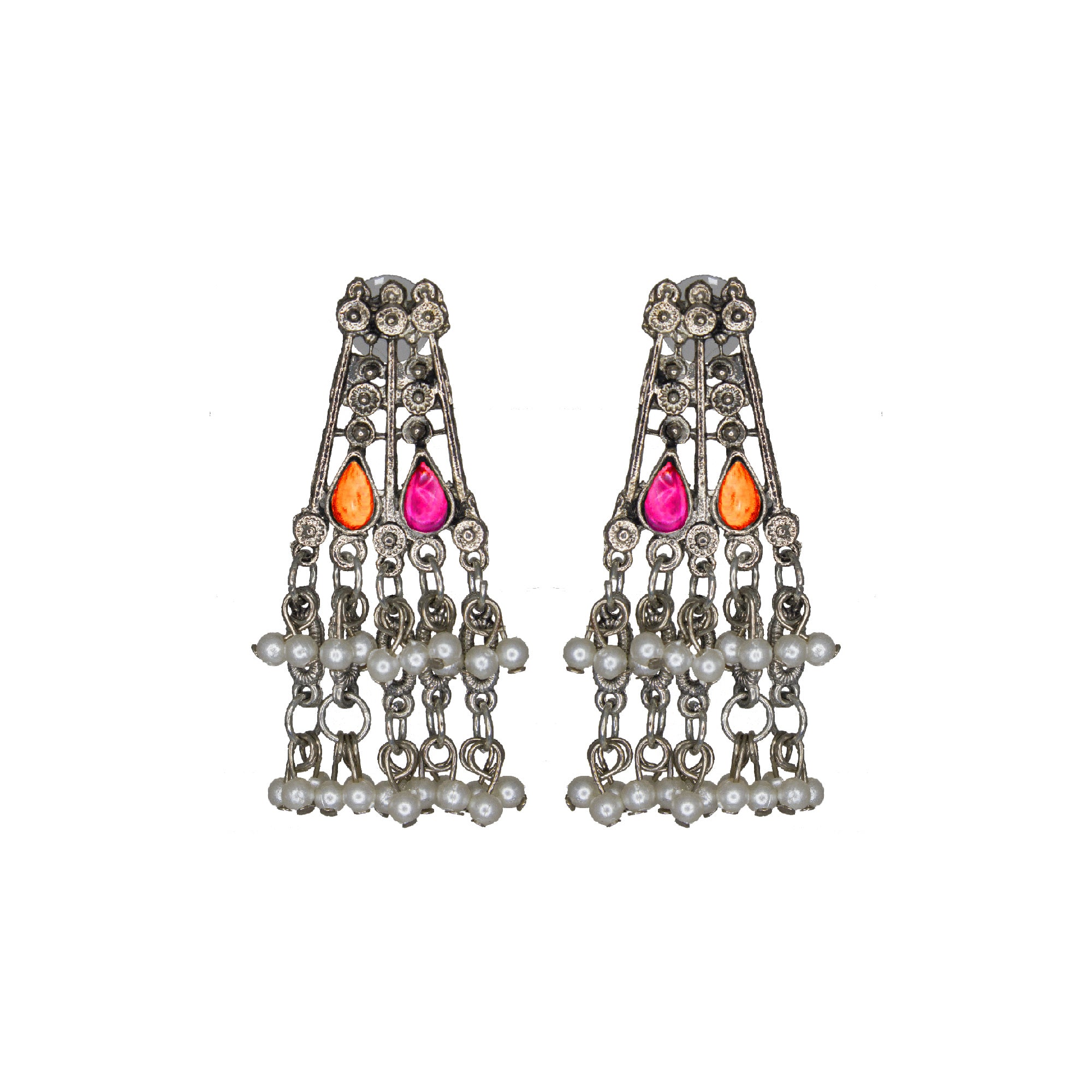 Abhinn Silver Oxidised Floral Necklace Seṭ With Pink Orange CZ Stones & Pearls