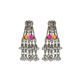 Abhinn Silver Oxidised Floral Necklace Seṭ With Pink Orange CZ Stones & Pearls