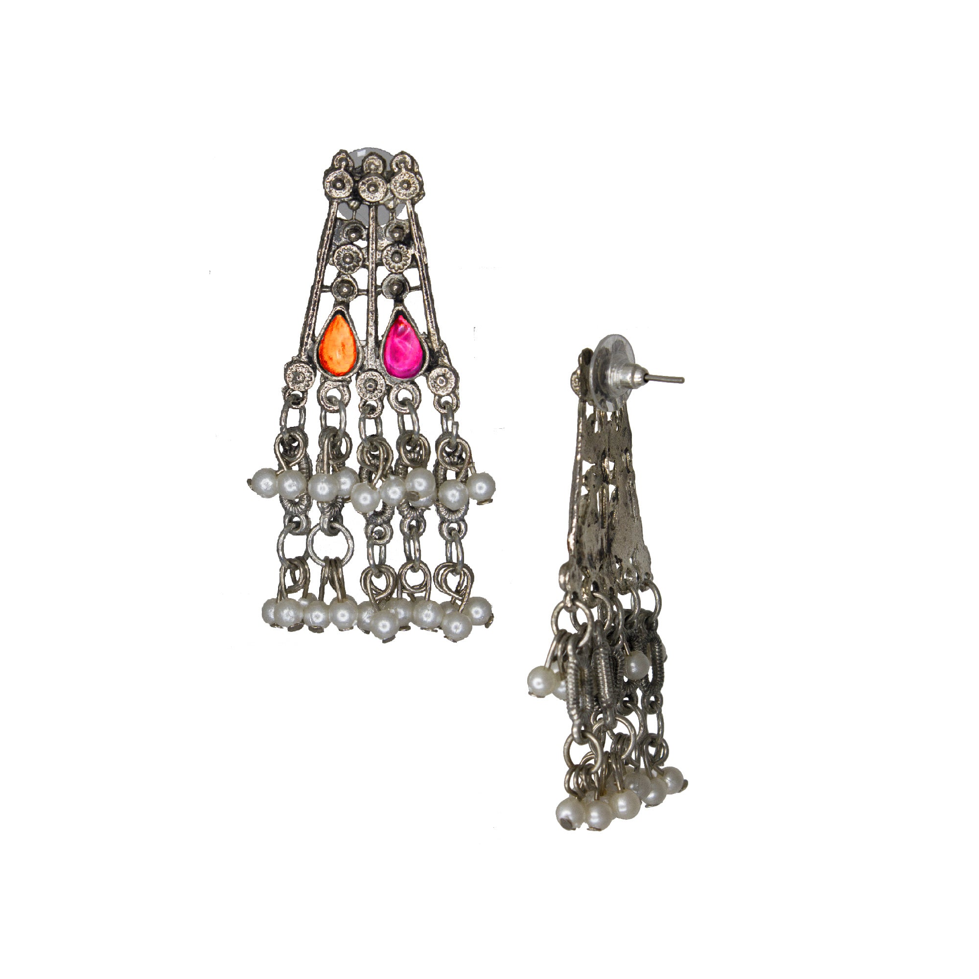 Abhinn Silver Oxidised Floral Necklace Seṭ With Pink Orange CZ Stones & Pearls