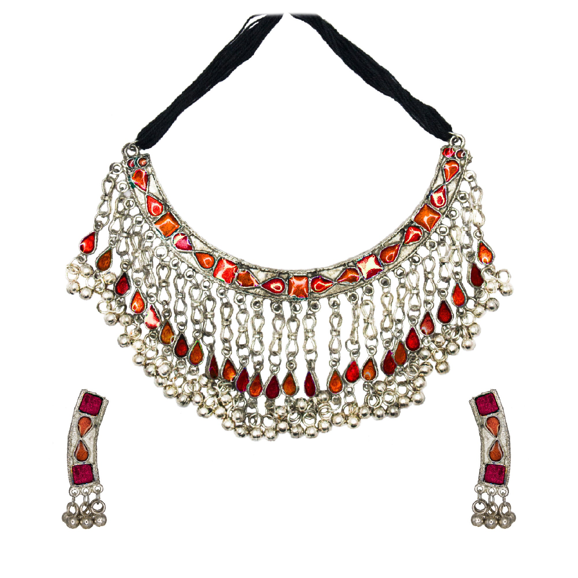 Abhinn Silver Oxidised Necklace Set Orange-Red Meenakari For Women