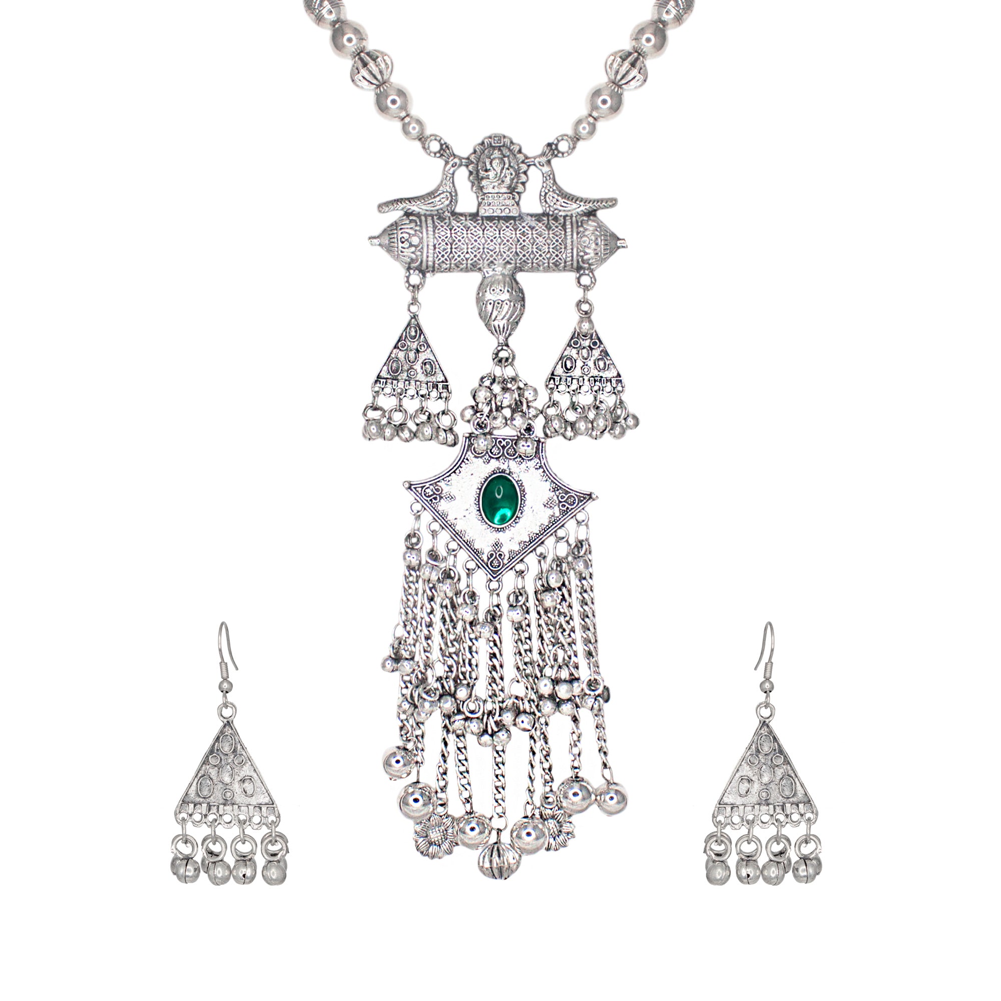 Abhinn Silver Oxidised Ganesh and Peacock Design Green Pendant Set For Women