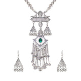 Abhinn Silver Oxidised Ganesh and Peacock Design Green Pendant Set For Women