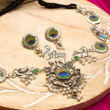 Silver Oxidised Peacock Design Necklace Set With White Pearls