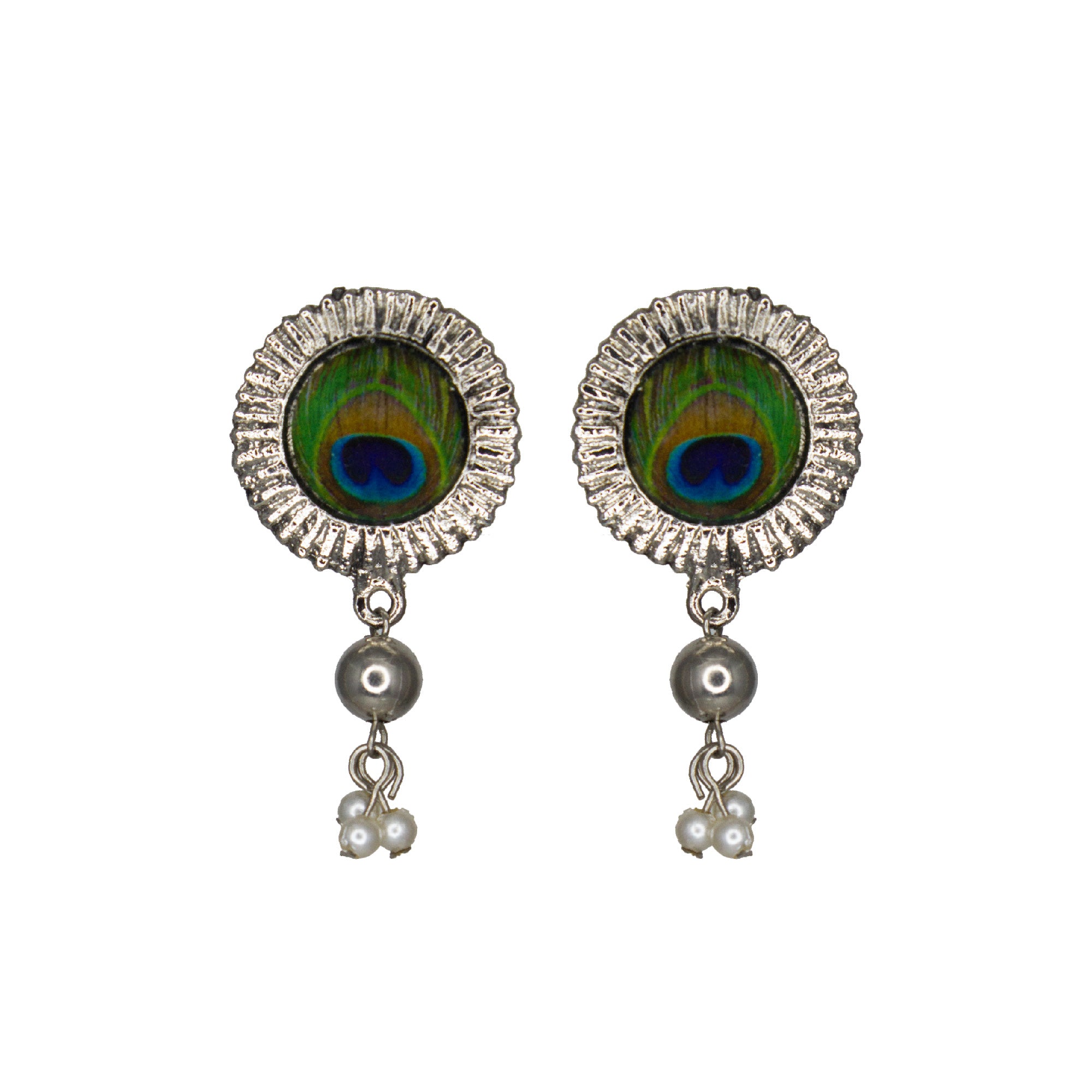 Abhinn Silver Oxidised Peacock Design Necklace Set With White Pearls