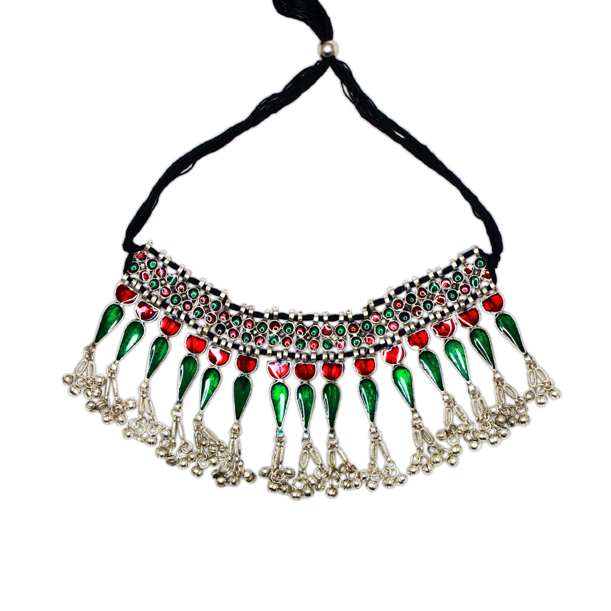 Silver Oxidised Pink-Green Meenakari Necklace Set for Women