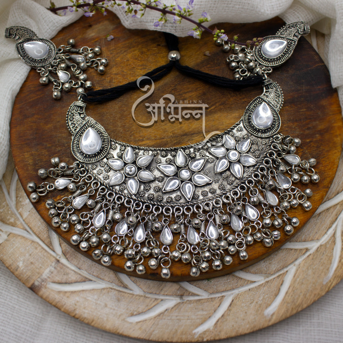 Silver Oxidised Floral Design Necklace Set With White CZ Stone & Ghunghroo