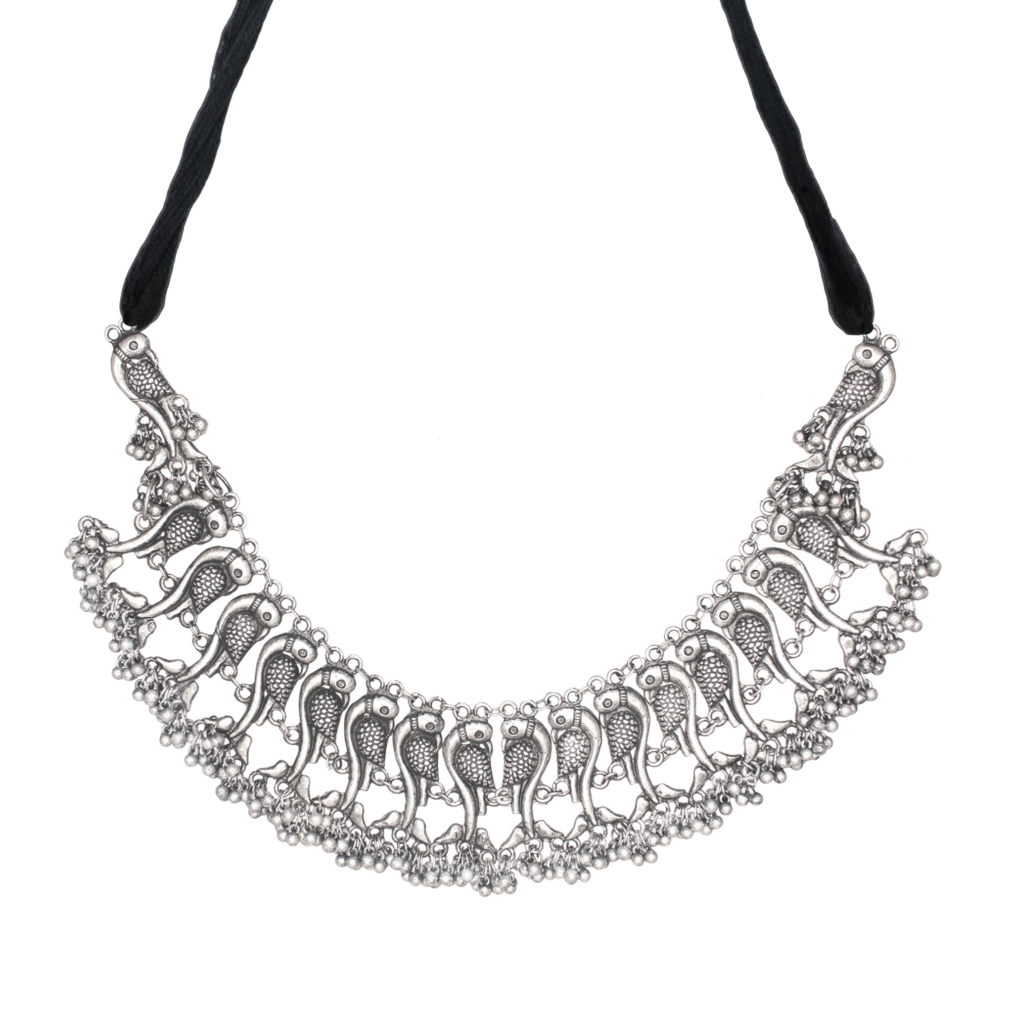 Abhinn Silver Oxidised Unique Parrot Design Necklace Set For Women