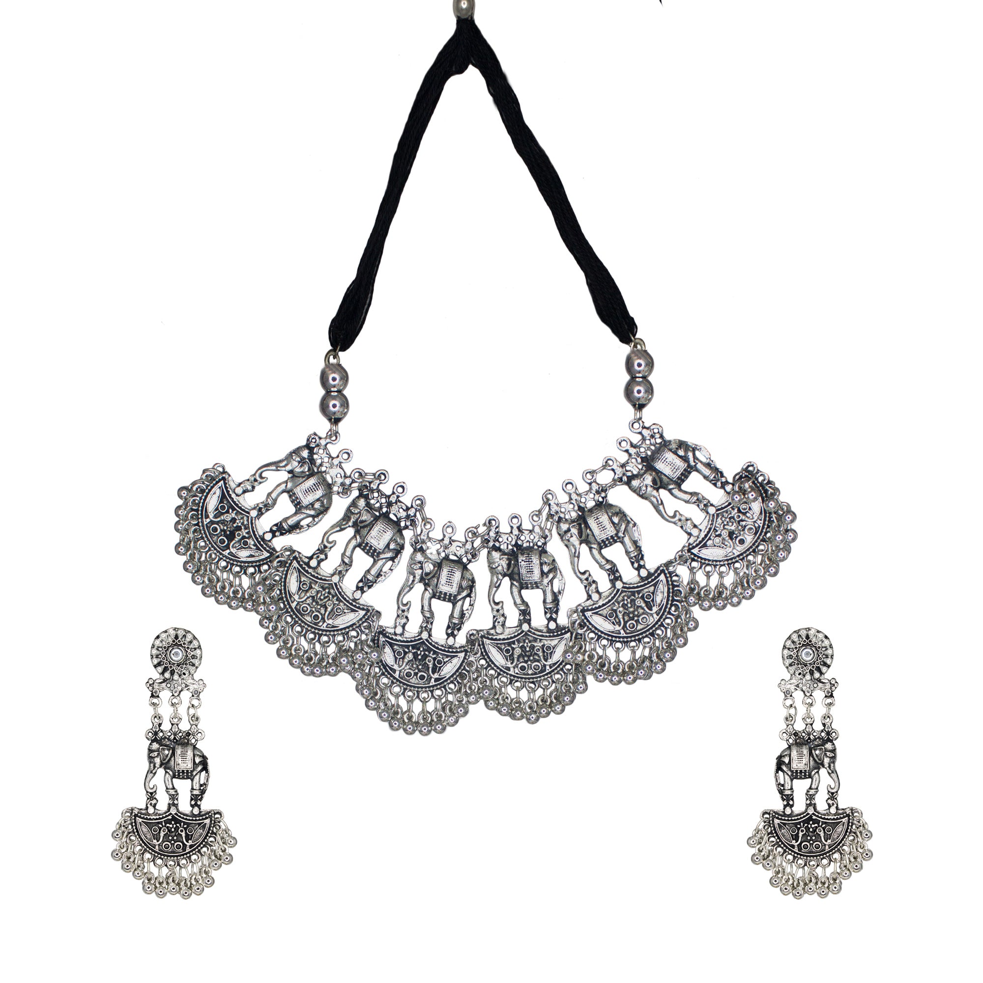Abhinn Silver Oxidised Traditional Elephant And Peacock Design Necklace Set For Women