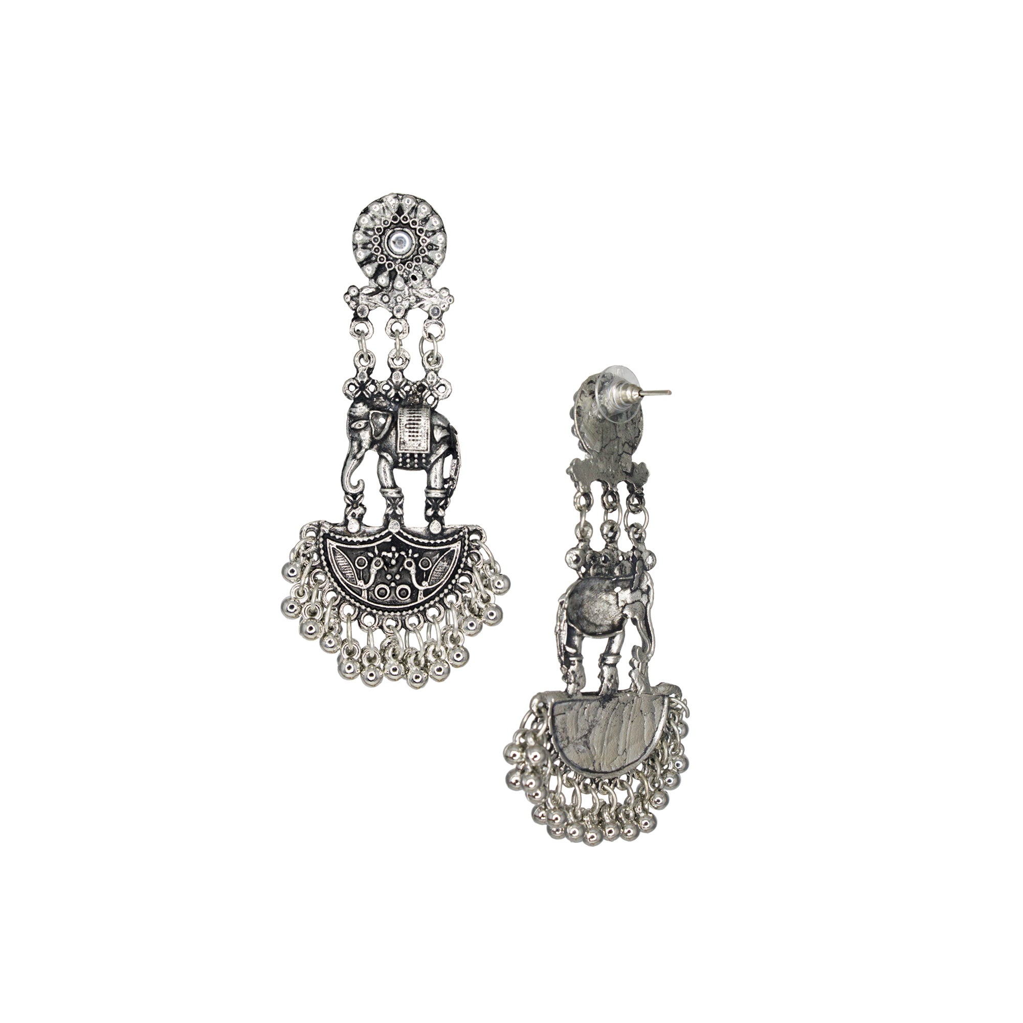 Abhinn Silver Oxidised Traditional Elephant And Peacock Design Necklace Set For Women