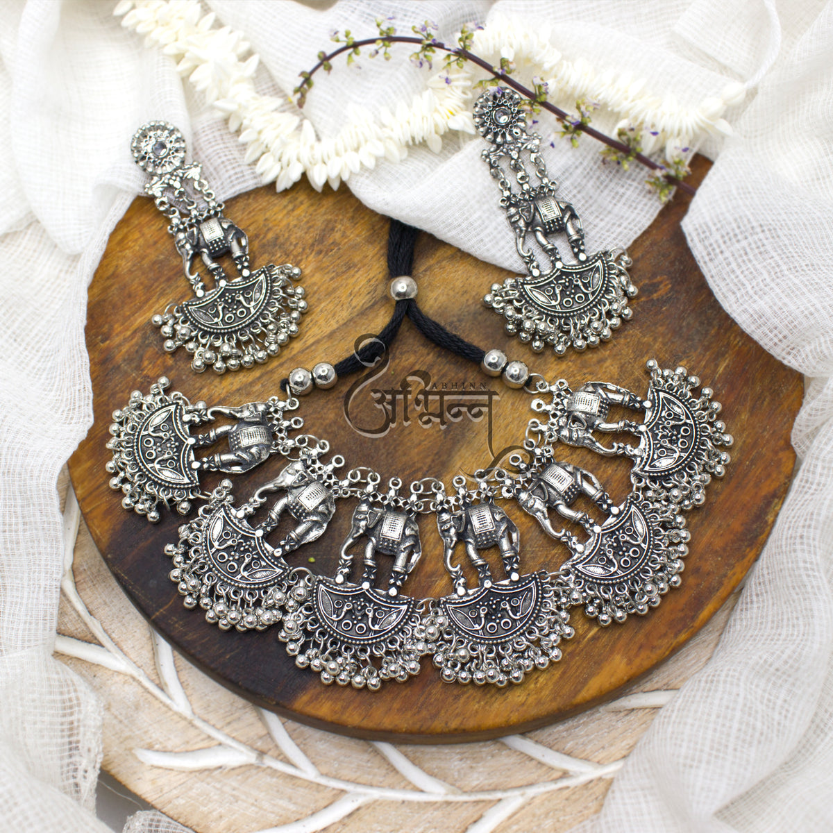Silver Oxidised Temple Design Necklace Set With Elephant and Peacock.