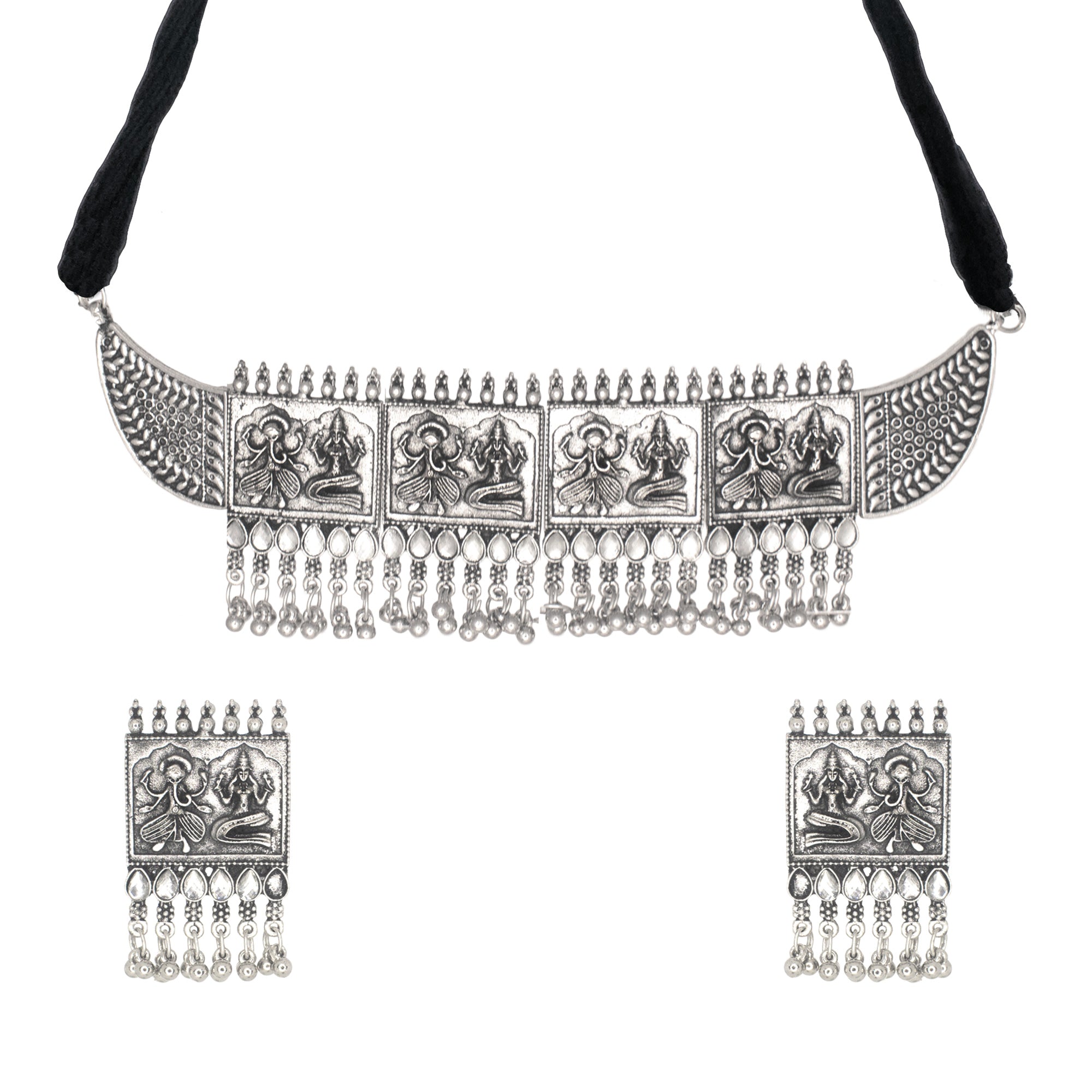 Abhinn Silver Oxidised Laxmi-Ganesha Design Necklace Set With White CZ Stones For Women