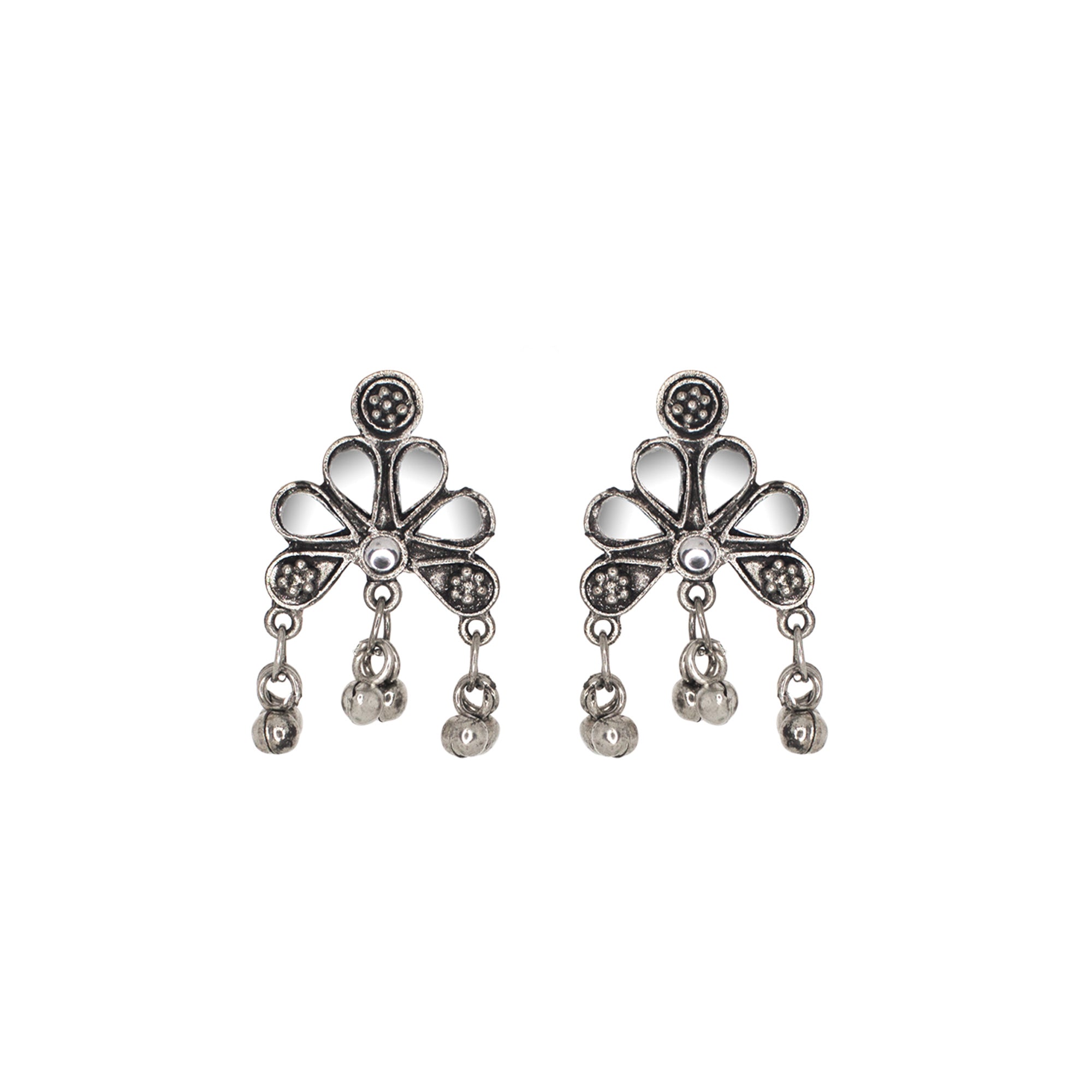 Abhinn Silver Oxidised Floral Design With Mirror Work Necklace Set For Women