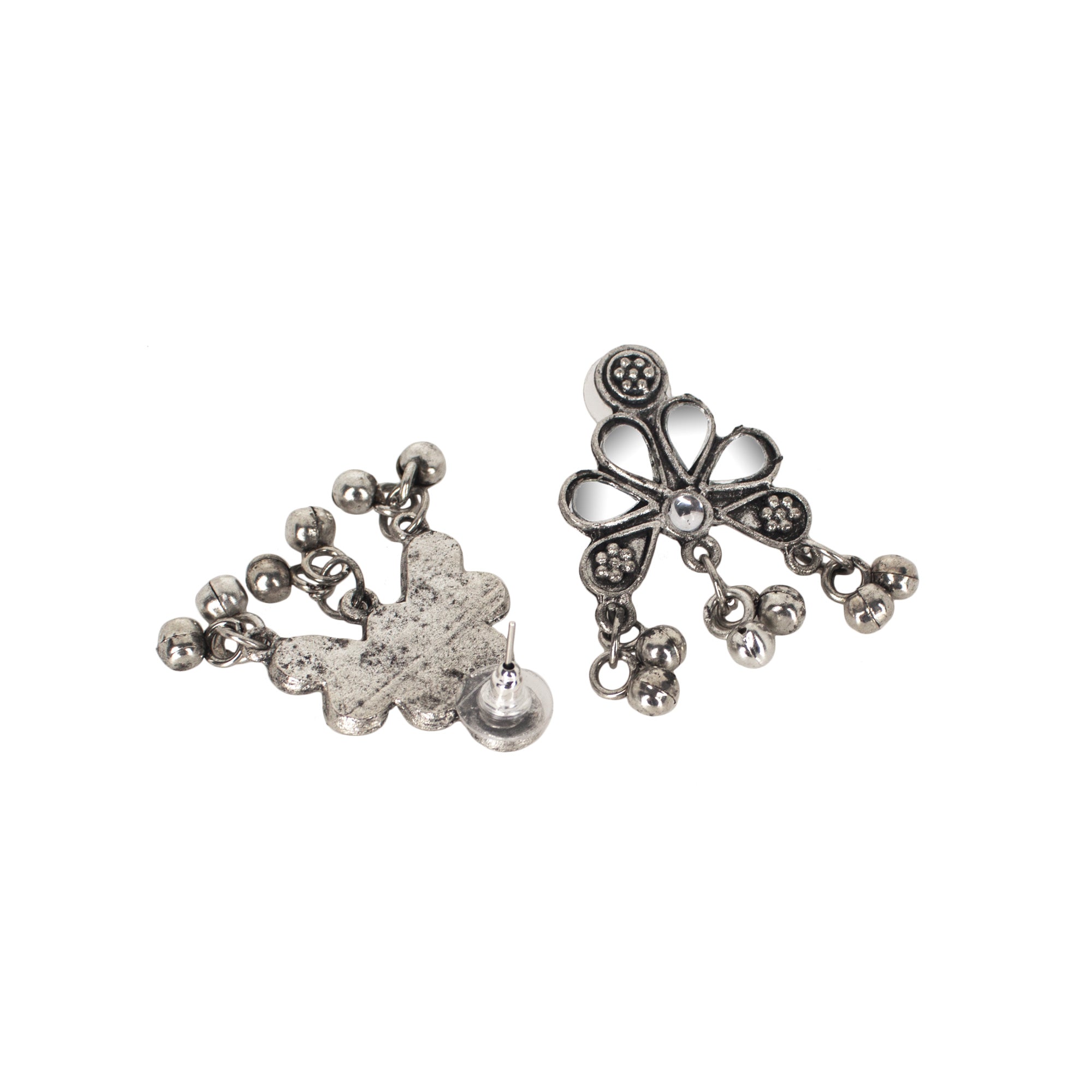 Abhinn Silver Oxidised Floral Design With Mirror Work Necklace Set For Women
