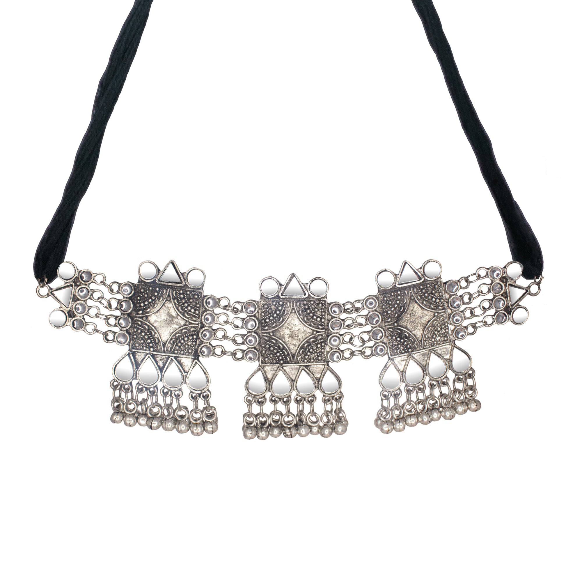 Abhinn Silver Oxidised Temple Design Necklace Set With White Mirror And CZ Stone For Women 
