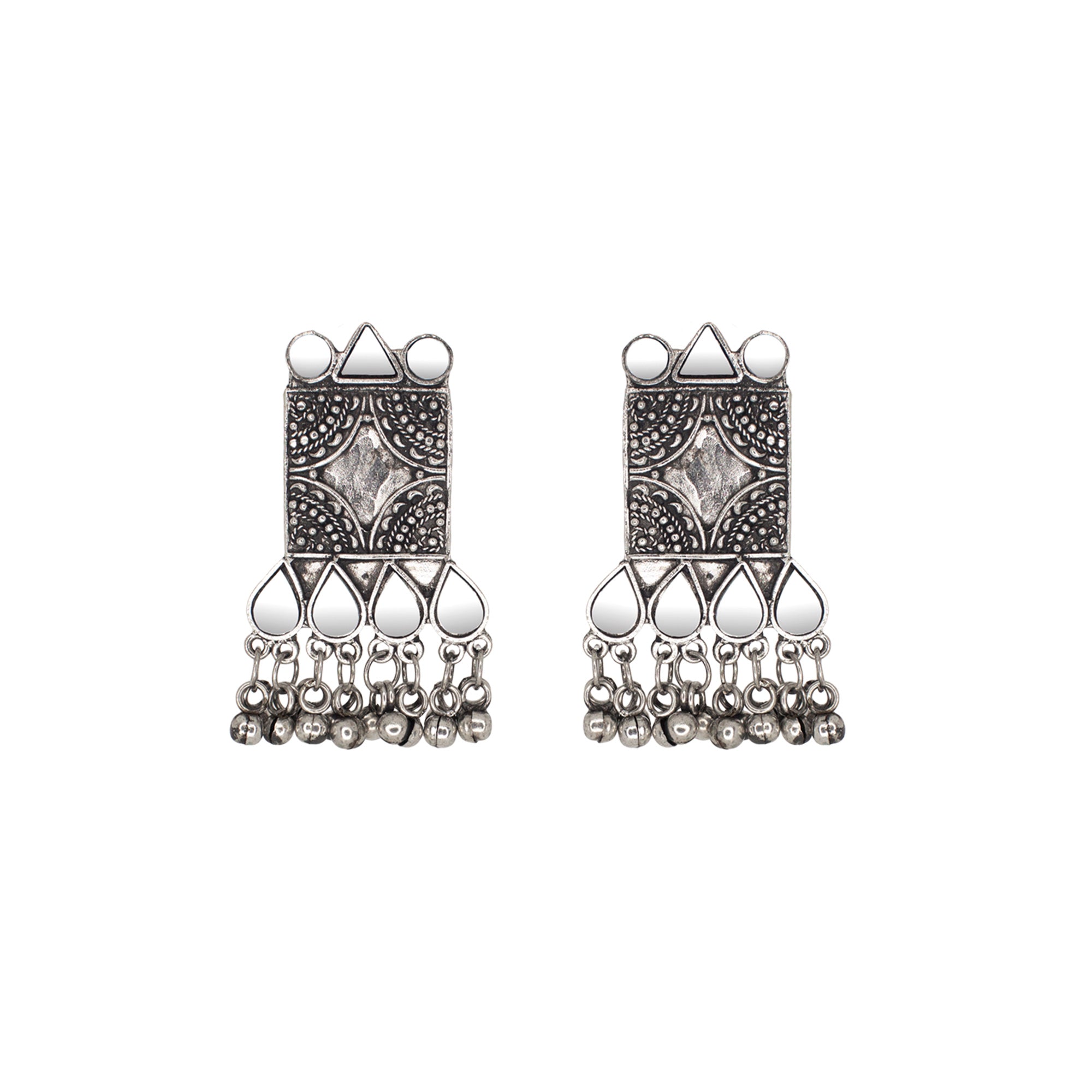 Abhinn Silver Oxidised Temple Design Necklace Set With White Mirror And CZ Stone For Women 