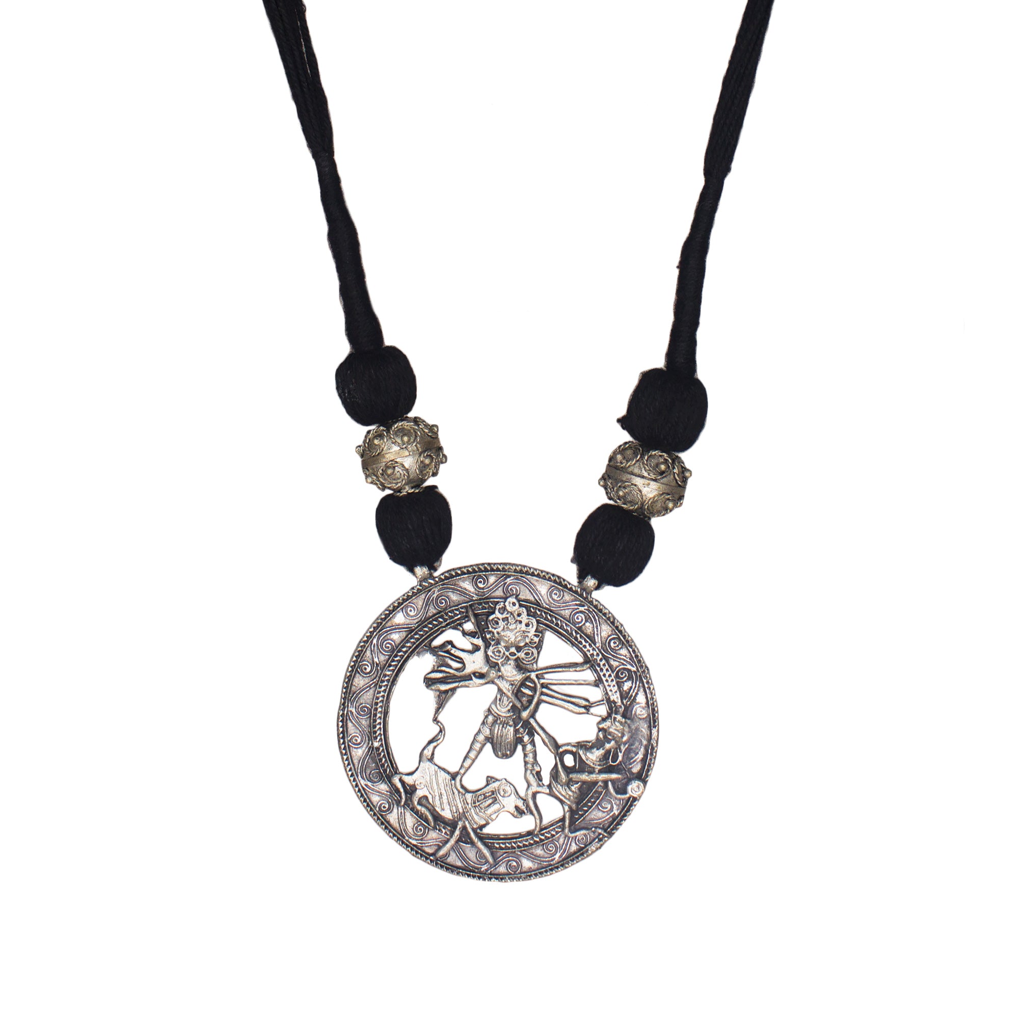 Oxidized German Silver Goddess Durga Round Pendant For Women